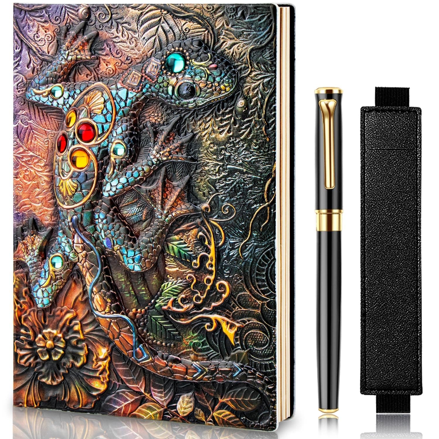 Vintage Lizard Embossed Leather Notebook DND Notebook Travel Journal with Ballpoint Pen and Pen Sleeve, PU Leather Journal,Handmade A5 Diary, Writing Notebook Gift for Men & Women (Lizard)