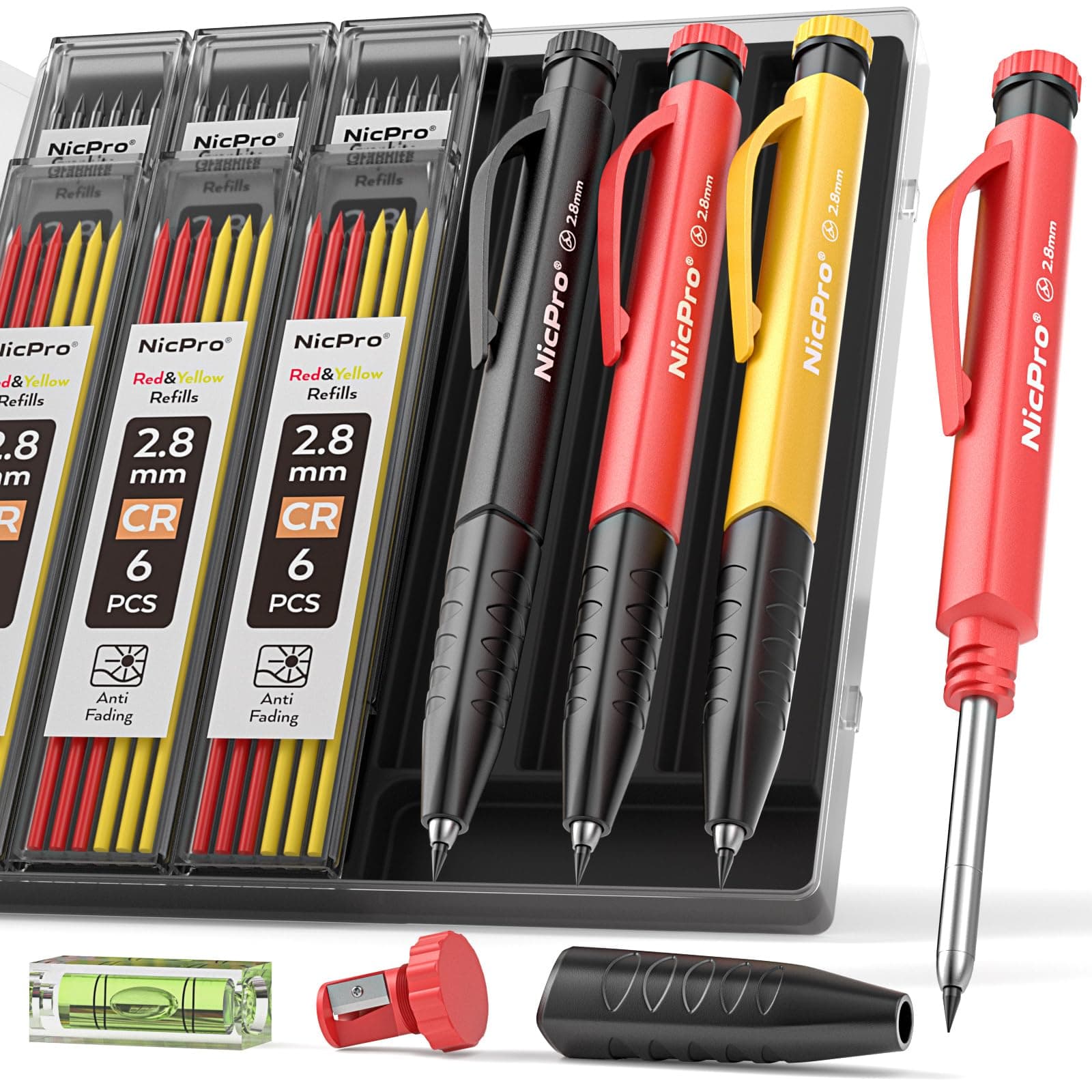 3 PCS Carpenter Pencils with Sharpener & Finger Grip, Mechanical Carpenter Pencils with 39 Refills, 3-IN-1 Deep Hole Construction Pencil Heavy Duty Woodworking Tools for Architect Marking