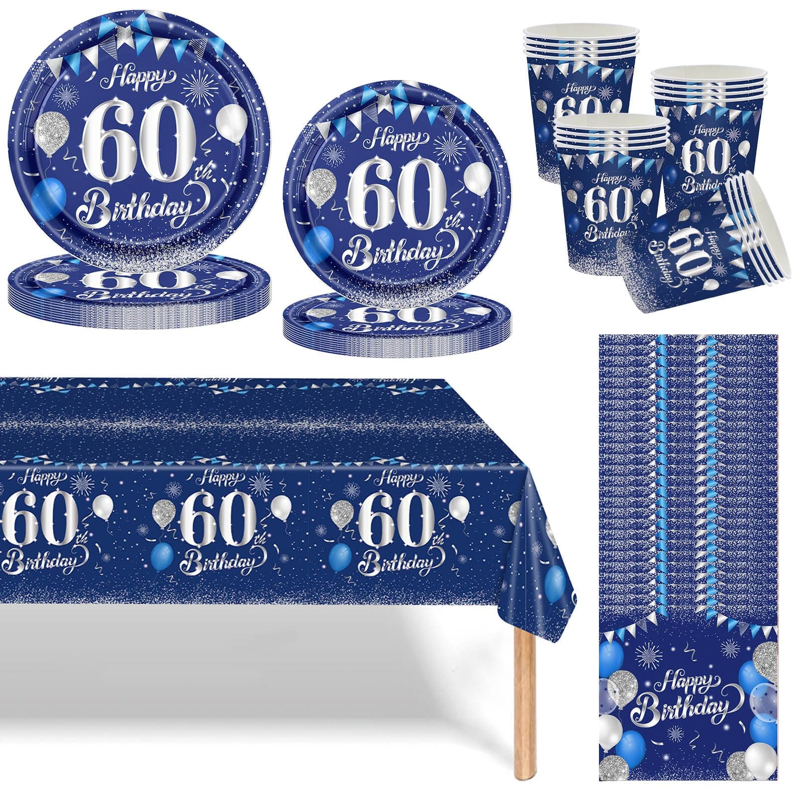 Navy Blue Silver 60th Birthday Party Tableware Set,69pcs 60th Birthday Dinnerware Navy Blue Party Paper Plates Cups Napkins and Tablecloth for Women Men 60 Years Old Birthday Gifts Party Supplies
