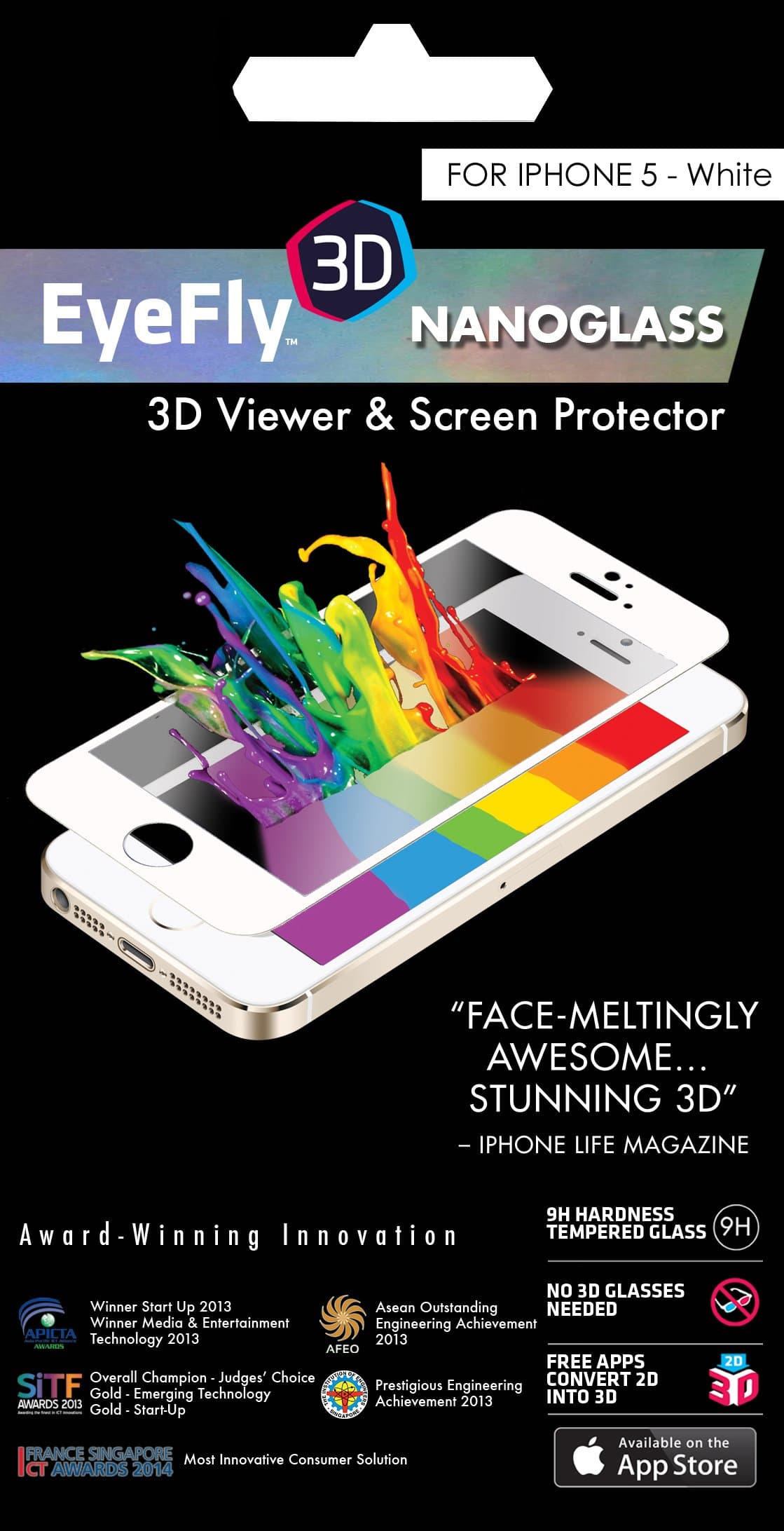 EyeFly3D Nanoglass for iPhone 5/5C/5S (White) - World's first tempered glass screen protector which turns the ordinary iPhone screen into a 3D display, without the need for 3D glasses. 9H Hardness/Shatterproof/Fingerprint, Water and Scratch Resistant.