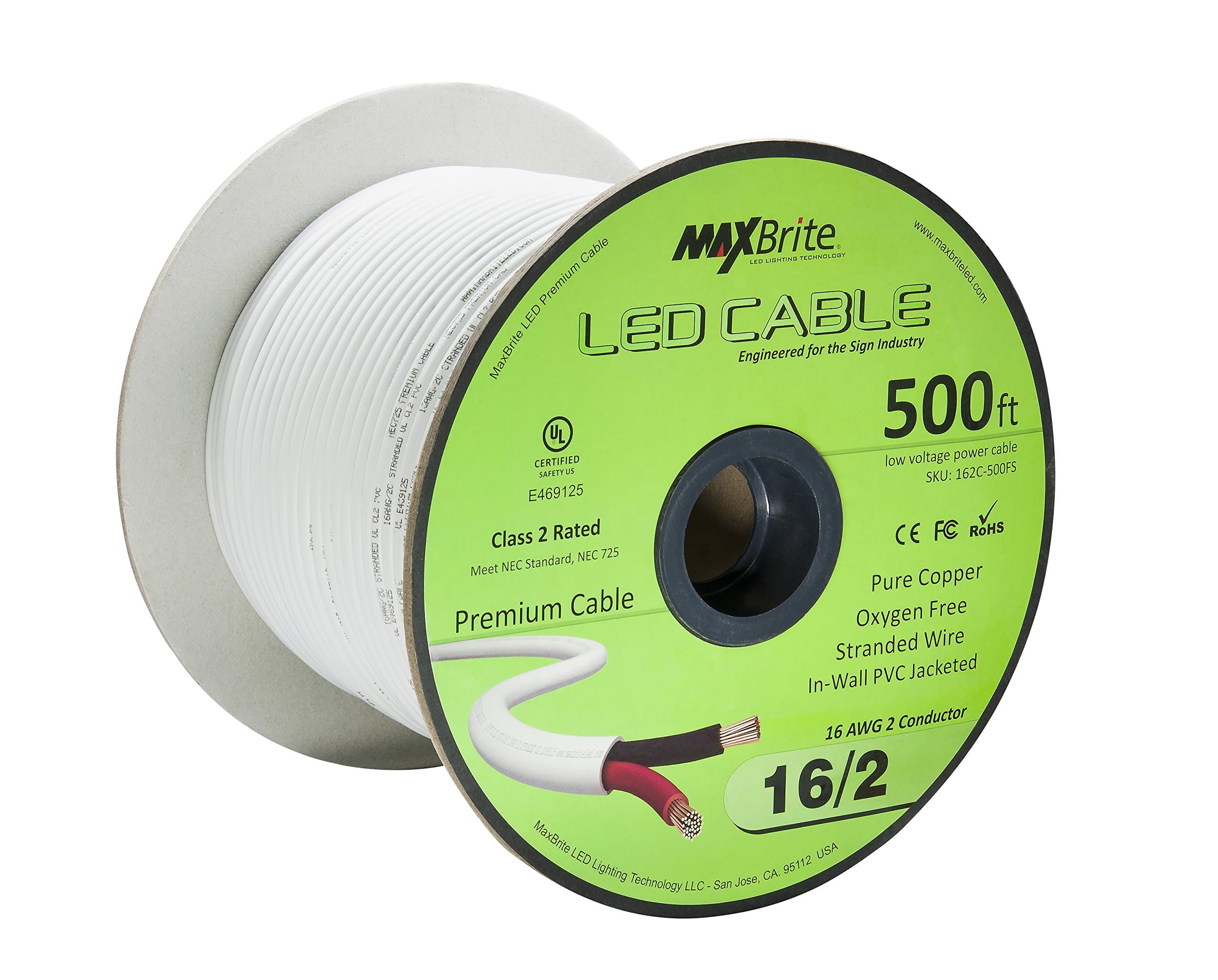 500 ft. 16AWG Low Voltage LED Cable 2 Conductor Jacketed in-Wall Speaker Wire UL Class 2 Certified