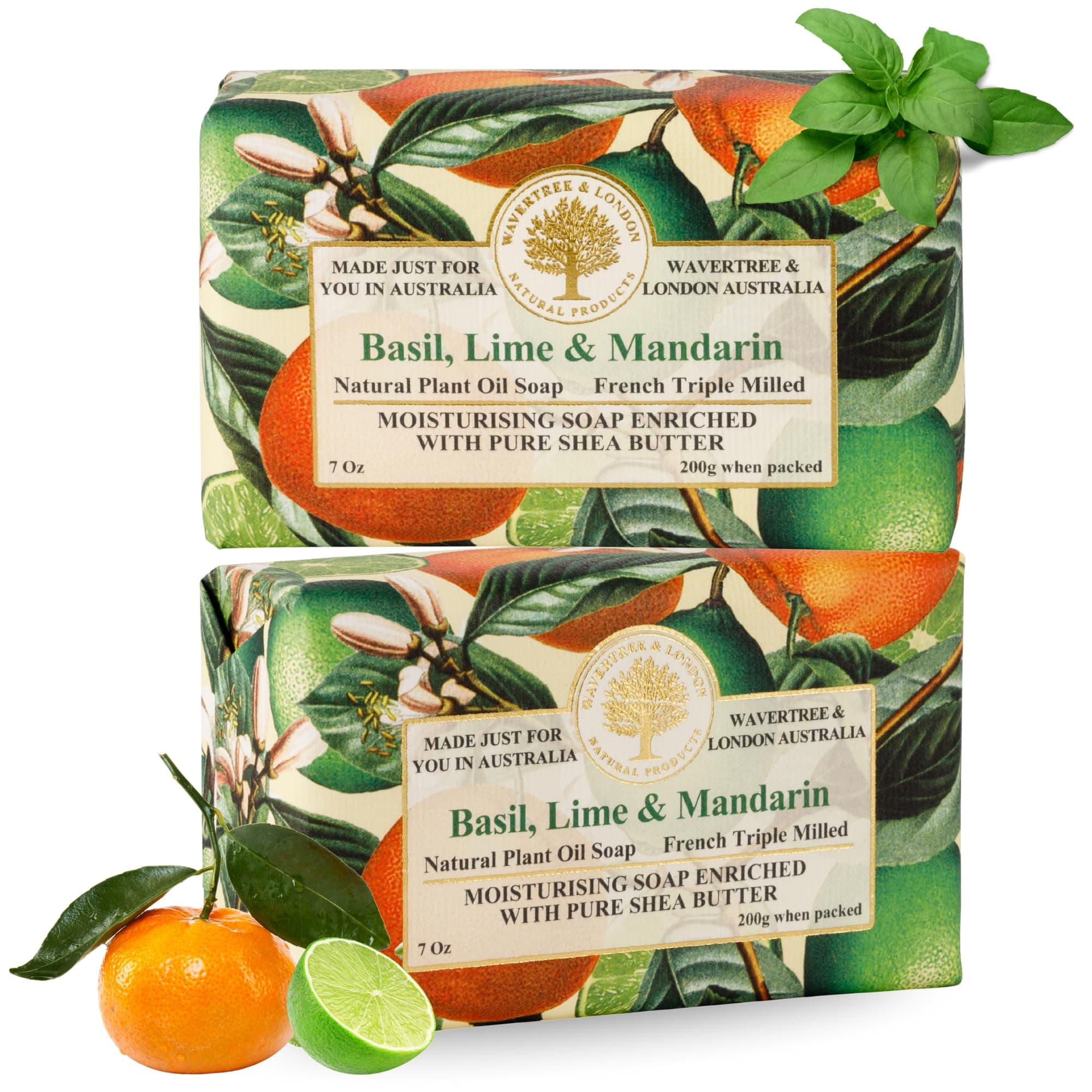 Basil Lime & Mandarin Scented Natural Soap (2 Bars), 7oz Moisturizing French Triple Milled Soap Bars enriched with shea butter - Pure Plant Based Bath & Body Bars for All Skin Types