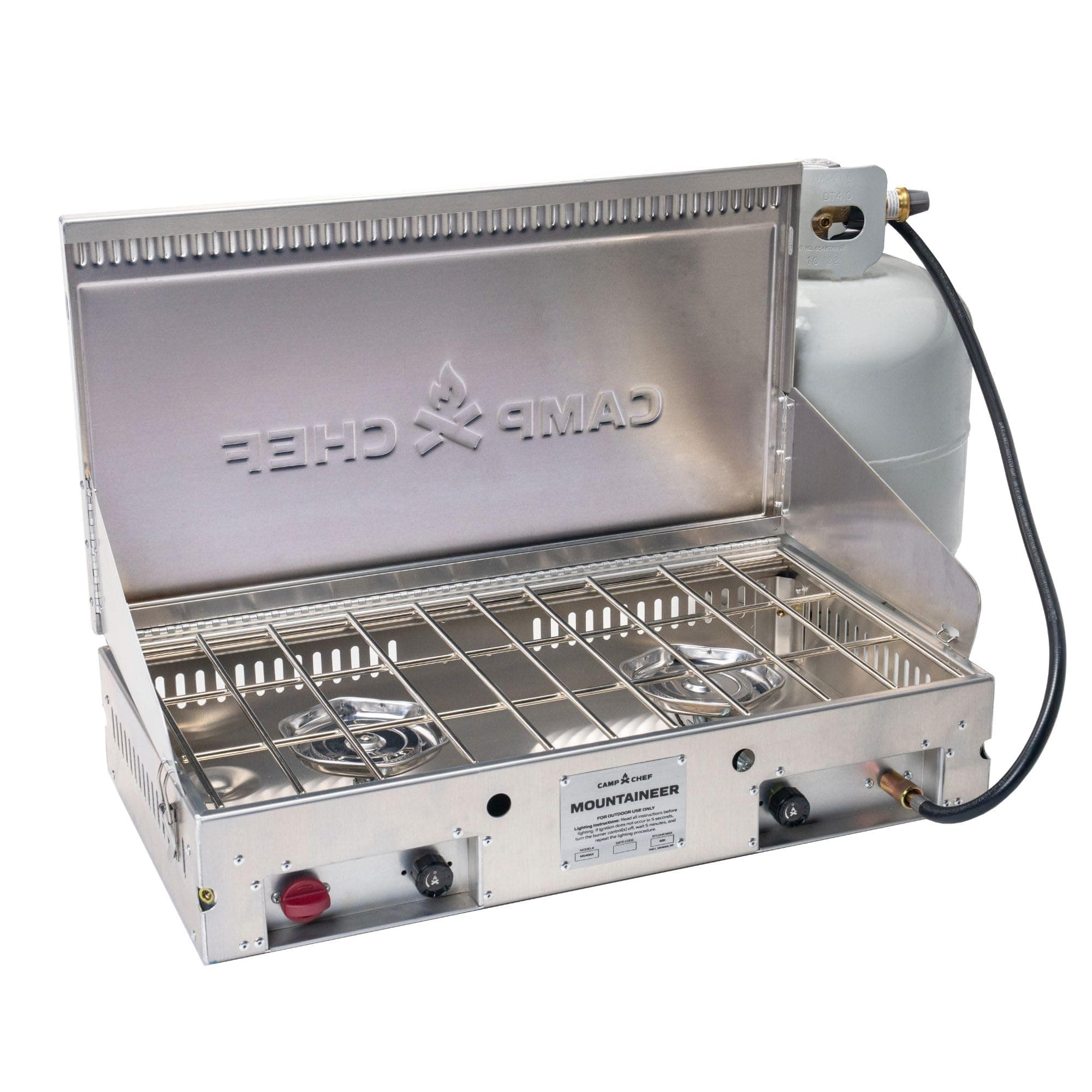 - Camp Chef Mountaineer 2-Burner Camp Stove - Portable Aluminum Cooktop with 40,000 Total BTUs of Power, Wind Screen & Matchless Ignition