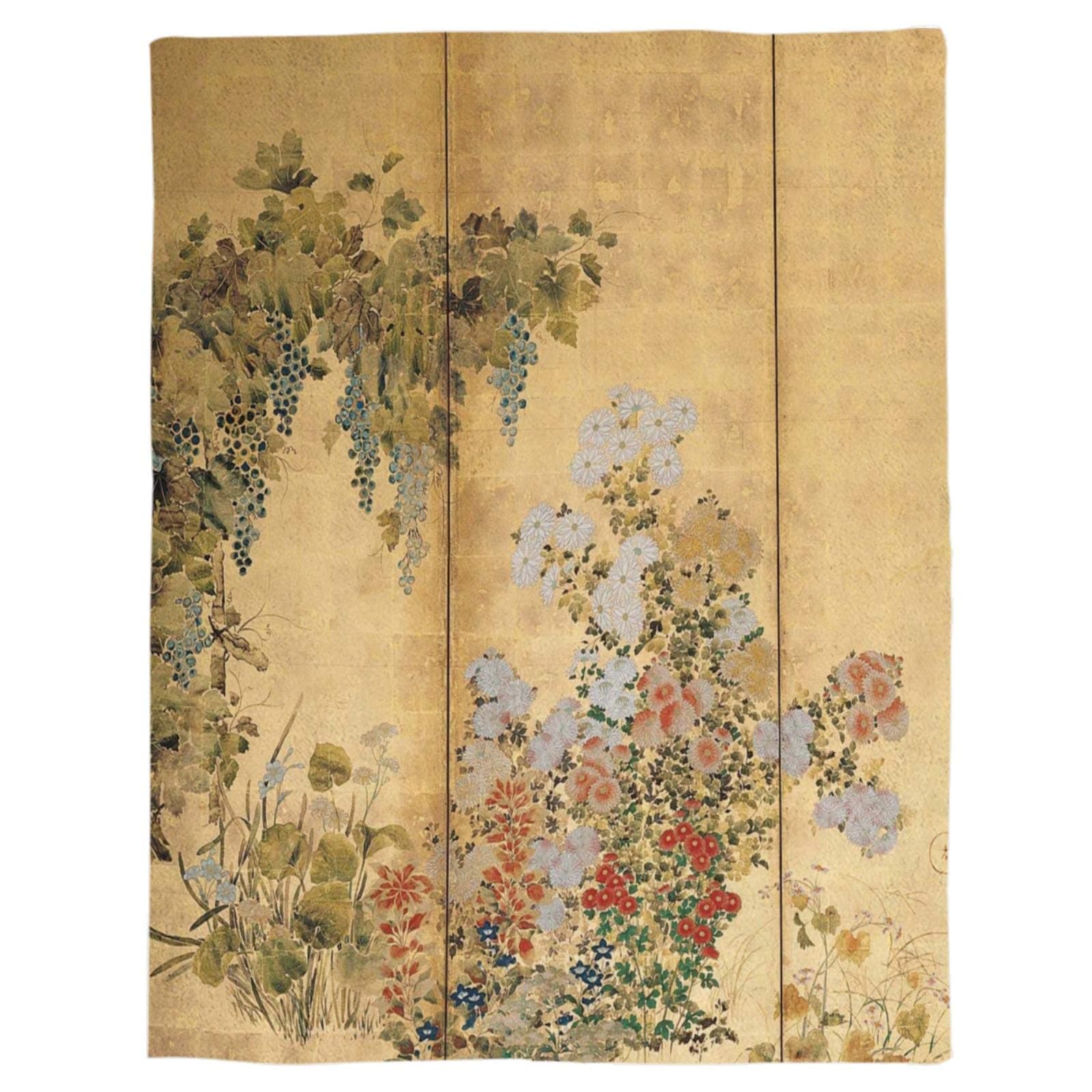 Throw Blanket Japanese Edo Period Six-Panel Gold Leaf Screen Spring And Autumn Flowers Warm Microfiber Blanket