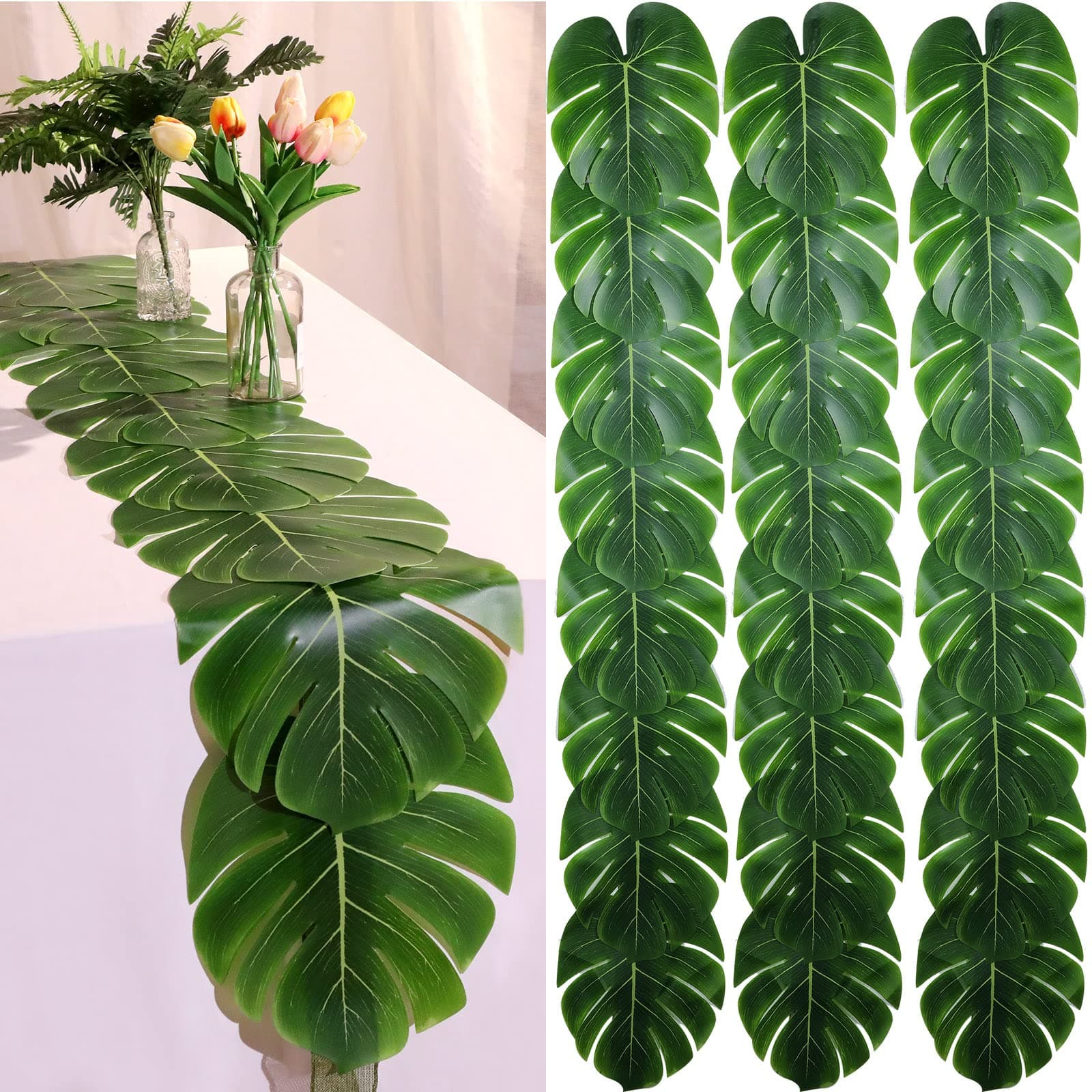 4 Pcs Artificial Palm Leaves Table Runners 72 Inch Long Tropical Palm Leaves Table Runner Faux Leaf Table Cloth for Wedding Hawaiian Luau Theme Party Supply Summer Table Decoration (Palm Leaf)