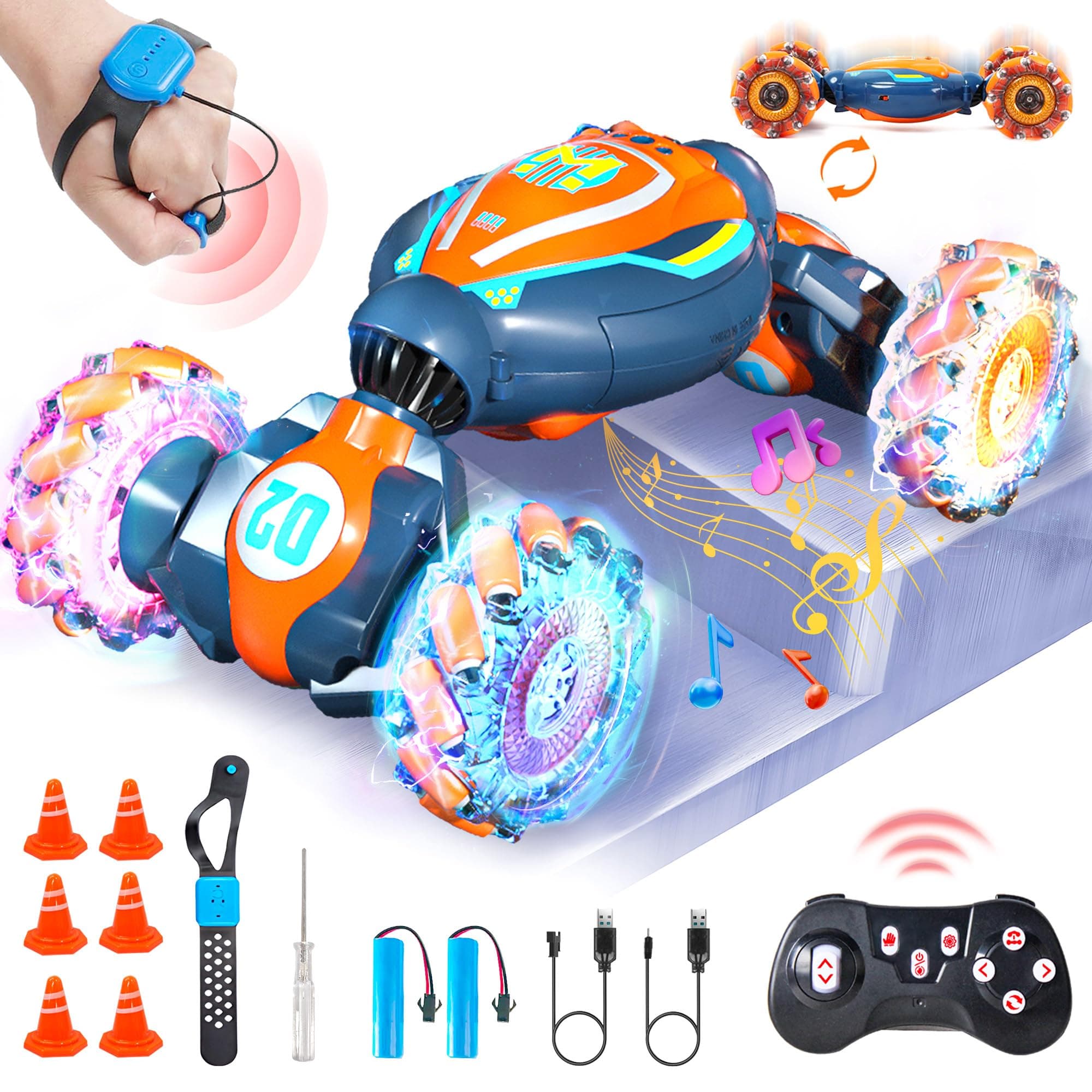 Remote Control Car Toy for Ages 8-13, Gesture Sensing RC Stunt Car with 3 Sensor Modes, Lights & Music, 4WD All Terrain Hand Controlled RC Toys for Kids, Birthday Gifts for Boys & Girls