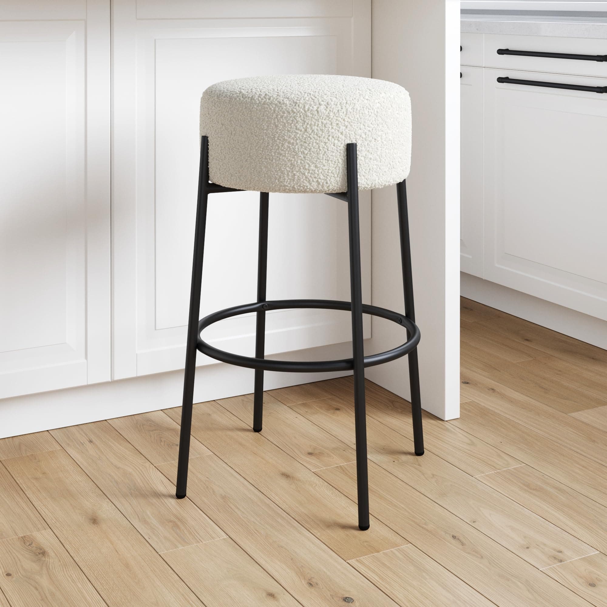 Isaac 29" Modern Backless Bar Stool with Round Soft Padded Boucle Seat and Metal Mid-Century Base, Boucle White/Black