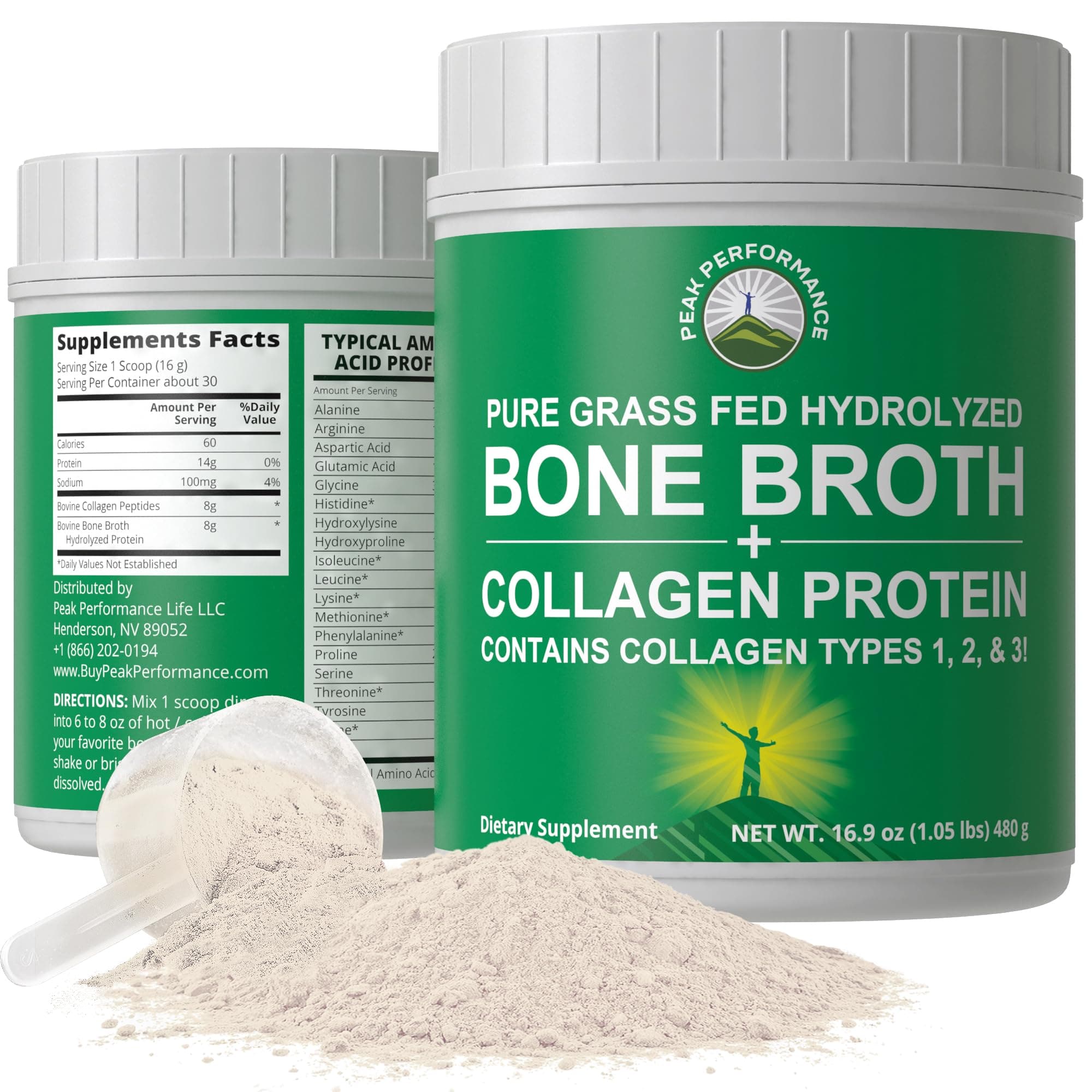Hydrolyzed Bone Broth + Collagen Unflavored Protein Peptides Powder - Contains All Collagen Types: 1, 2, and 3 - Pure Pasture Raised Grass Fed, Paleo Friendly, Gluten + Dairy Free