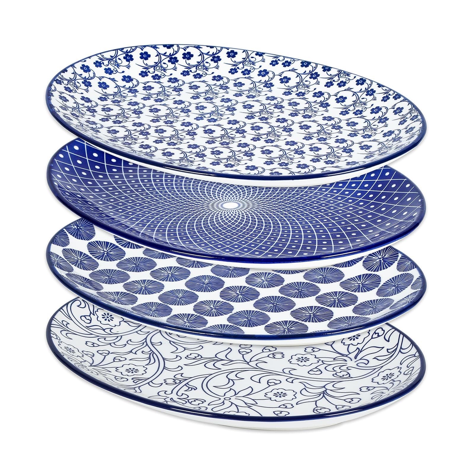 Serving Platter, 14 Inch Large Serving Dishes for Entertaining, Oval Ceramic Serving Trays for Party, Steak, Cake, Dinner, Fruit, Oven Safe, Microwave Safe, Set of 4, Vintage Blue