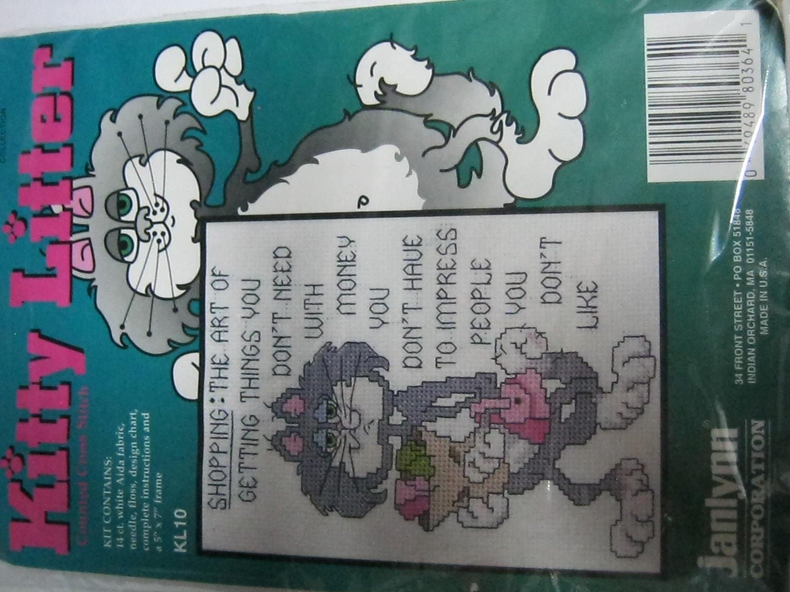 Kitty litter shopping counted cross stitch with frame