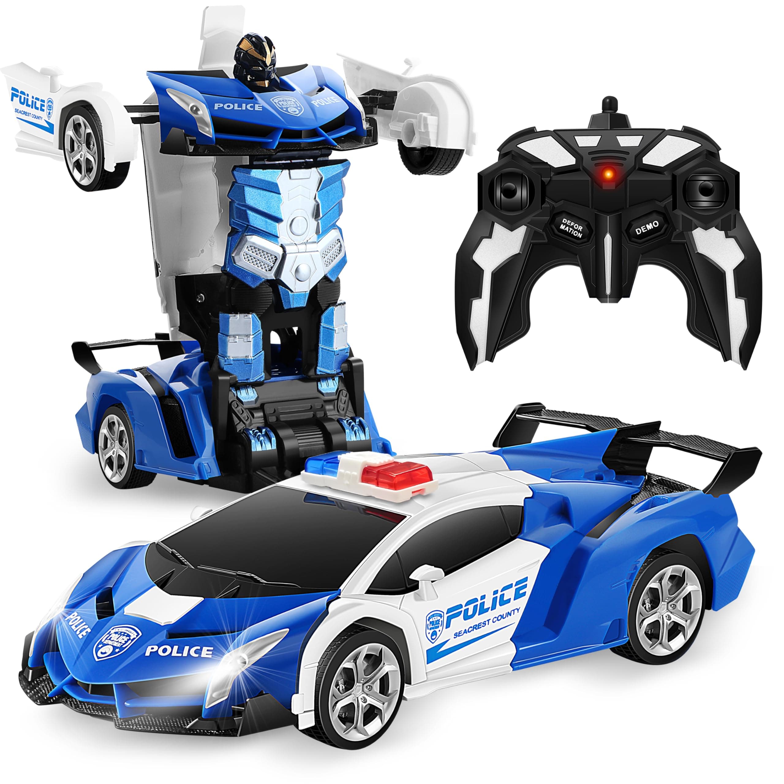 FIGROL Transform Car Robot, 1:18 Scale Transforming RC Car with One Button Transformation, Realistic Engine Sounds & 360° Speed Drifting, Blue&white, Unisex Children
