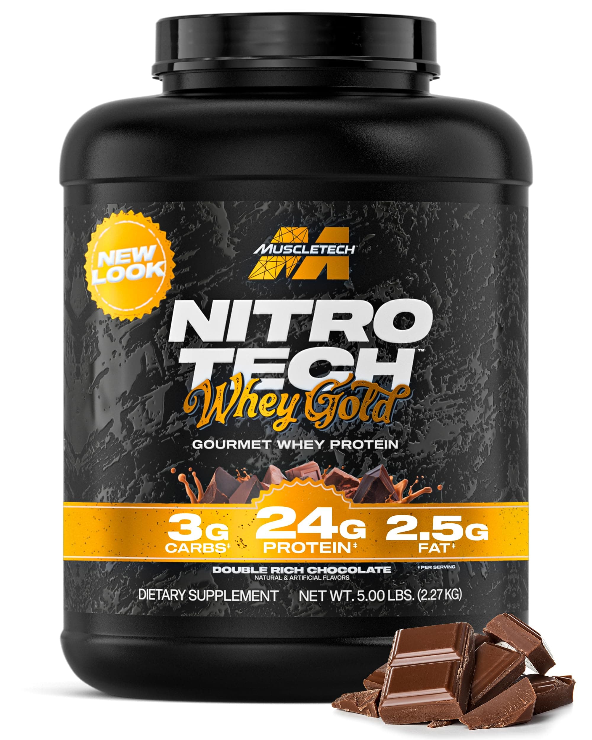 Whey Protein Powder (Double Rich Chocolate, 5LB) - Nitro-Tech Whey Protein Isolate Smoothie Mix for Lean Muscle & Recovery - 24g of Whey Gold Protein for Women & Men - Packaging May Vary