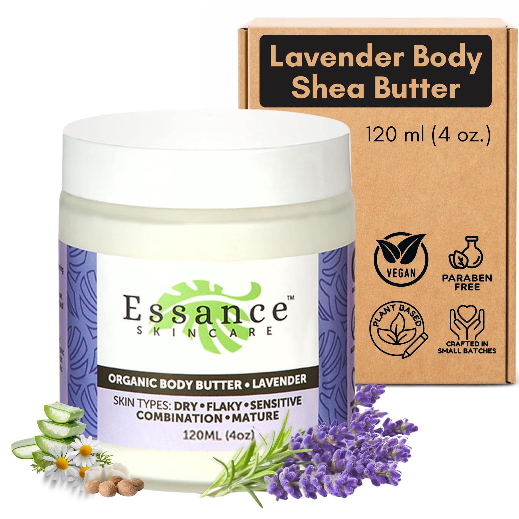 Essance Natural Lavender Body Butter 120mL | Shea Butter Raw Organic Cream for All Skins | Soft Body Cream for Hands, Feet, All Areas | Daily Body Cream for Women, Men