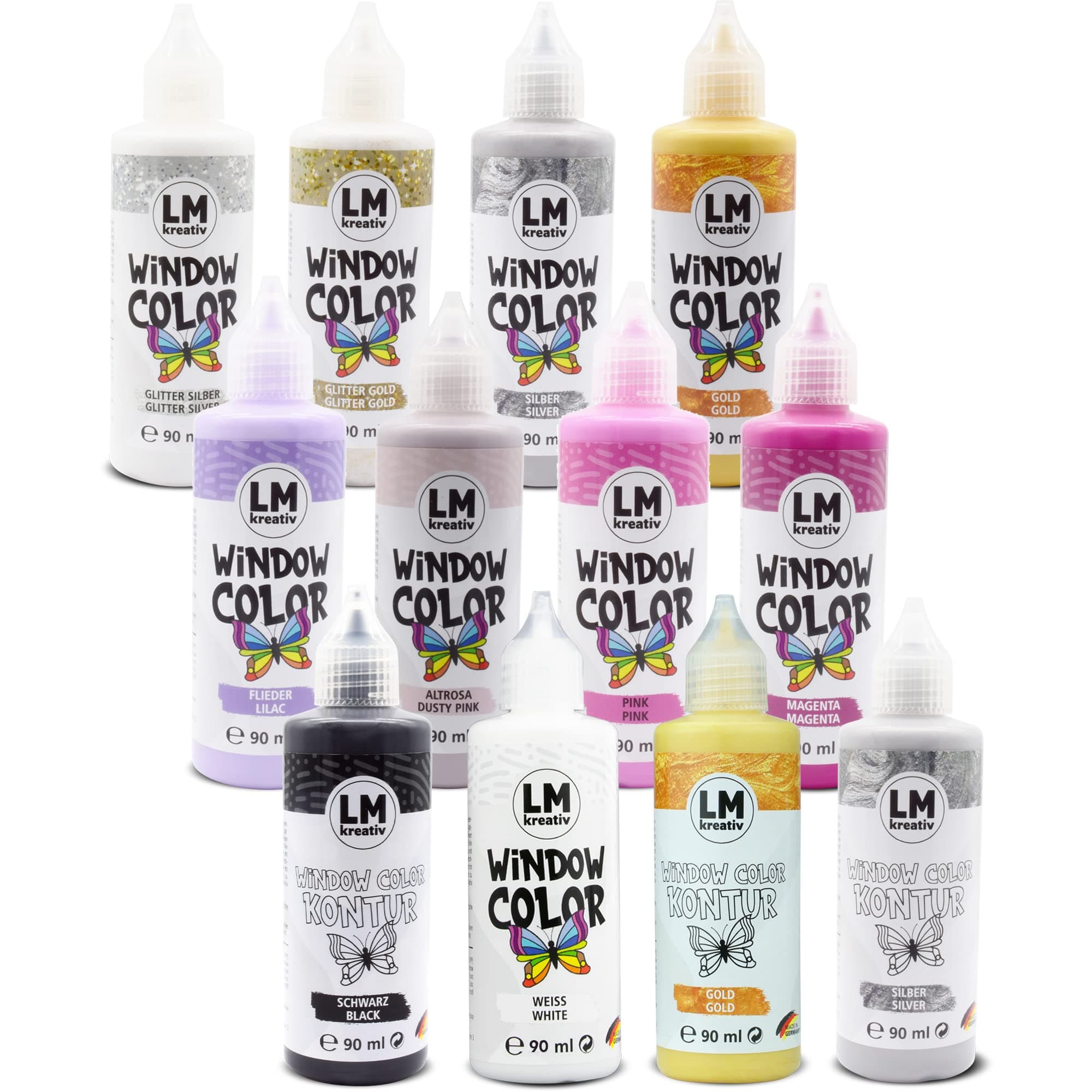 LM Window Colour Set (12 x 90 ml Set Unicorn Magic) - Removable Window Paint / Sticker Paint on Water-Based for Smooth Surfaces such as Glass, Mirror Tiles