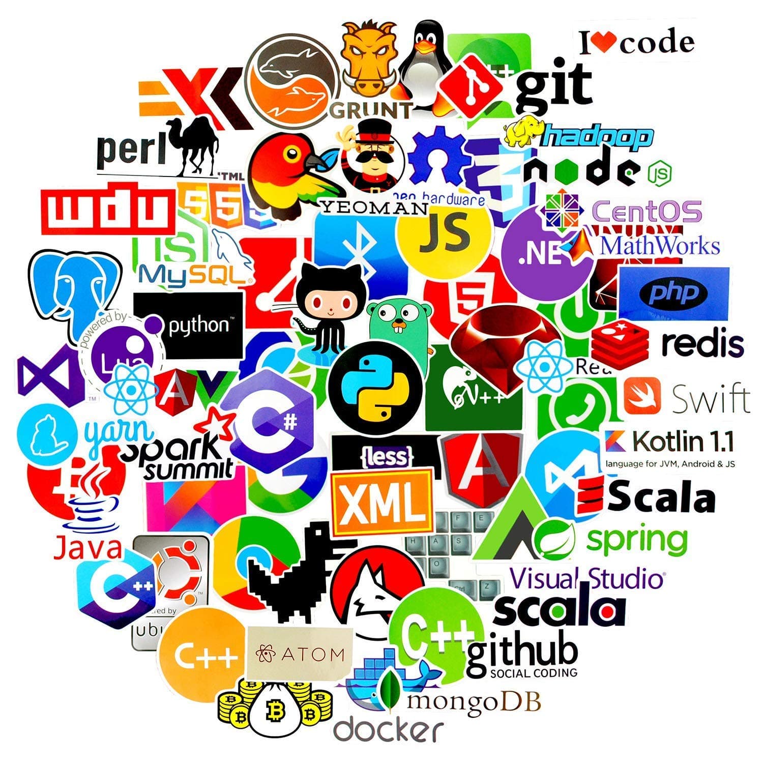 Programming Stickers(72pcs Pack No-duplicate),Vinyls Graffiti Stickers of IT Logo and Geek Coder Languages Series Logo, Developer Programmer Decoration,Open Sources Linux Mysql PHP Python C++ C#