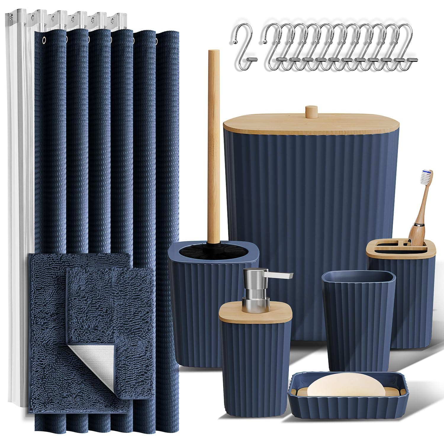 – Clara Clark Bathroom Accessories Set - Bathroom Accessory Set with Shower Curtain Set, Toilet Brush, Trash Can & Soap Dispenser & Rugs (Navy Blue, Complete Set + Bath Rugs)