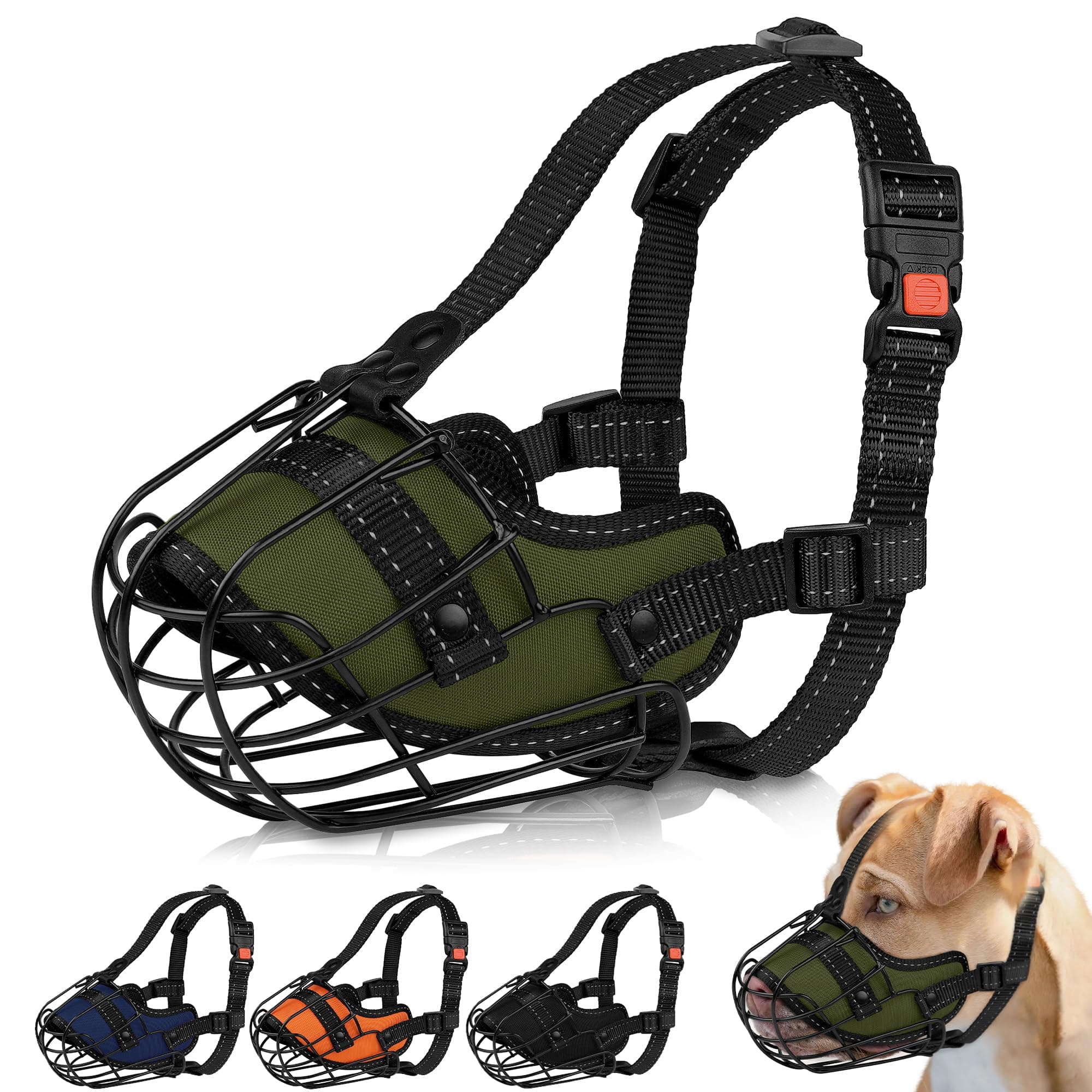 OOPSDOGGY Pitbull Dog Muzzle Reflective Metal Mask Secure Wire Basket Muzzles for Large Sized Dogs Amstaff Soft Cage to Prevent Biting Chewing with Adjustable Nylon Straps (Green, Pitbull)