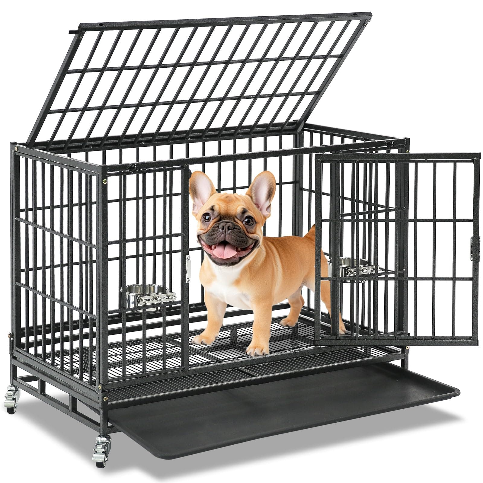 Homey Pet 37 inch Stackable Heavy Duty Dog Crate, Indestructible Escape Proof Dogs Cage Kennel with Lockable Wheels, Removable Tray & Metal Grid, Double Doors for High Anxiety Medium/Small Dogs