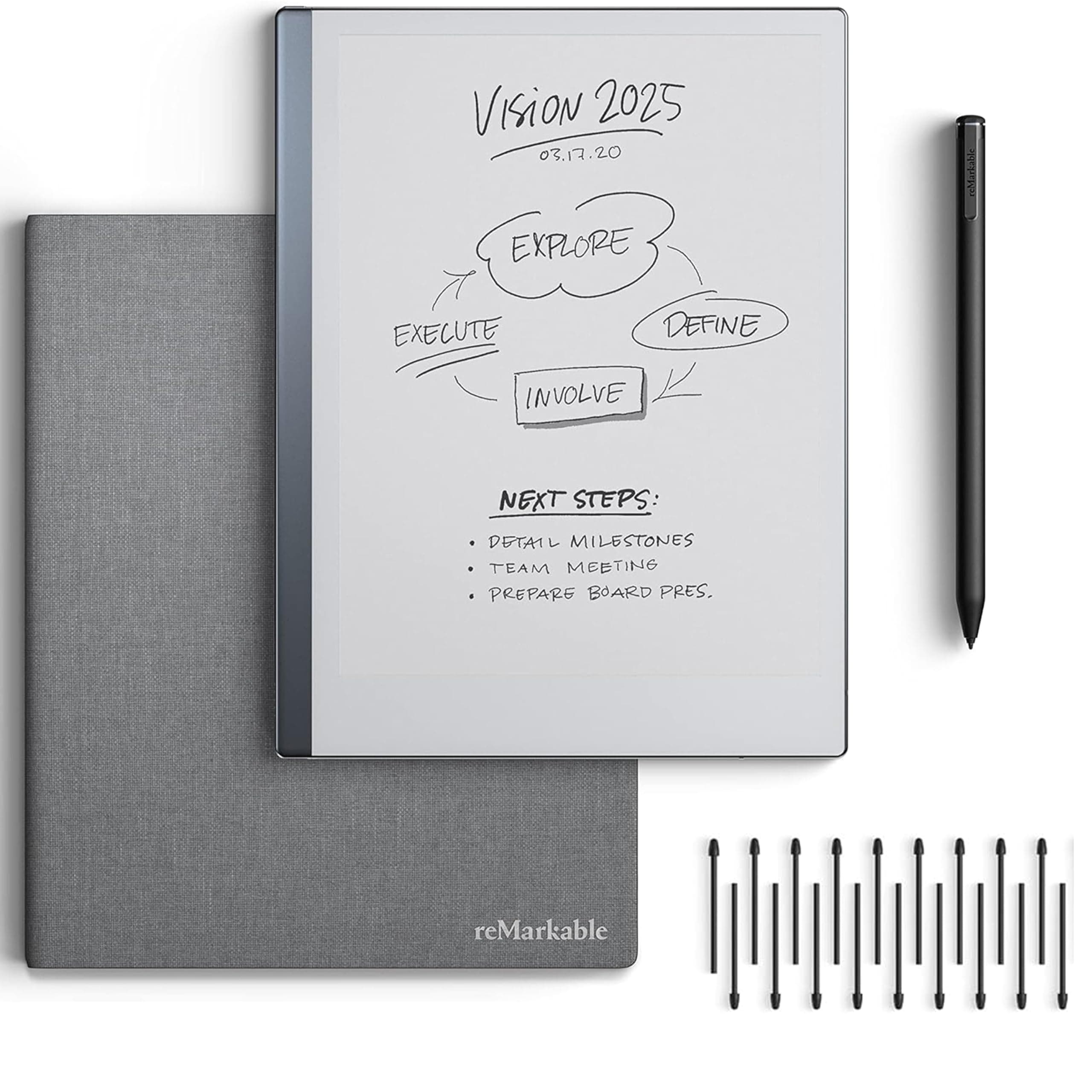 reMarkable 2 Bundle - reMarkable 2 Tablet (10.3” Digital Paper Display) – Includes Gray Polymer Weave Book Folio, Marker Plus, 18 Spare Marker Tips, USB-A to USB-C Cable, 50 Days Free Connect Trial