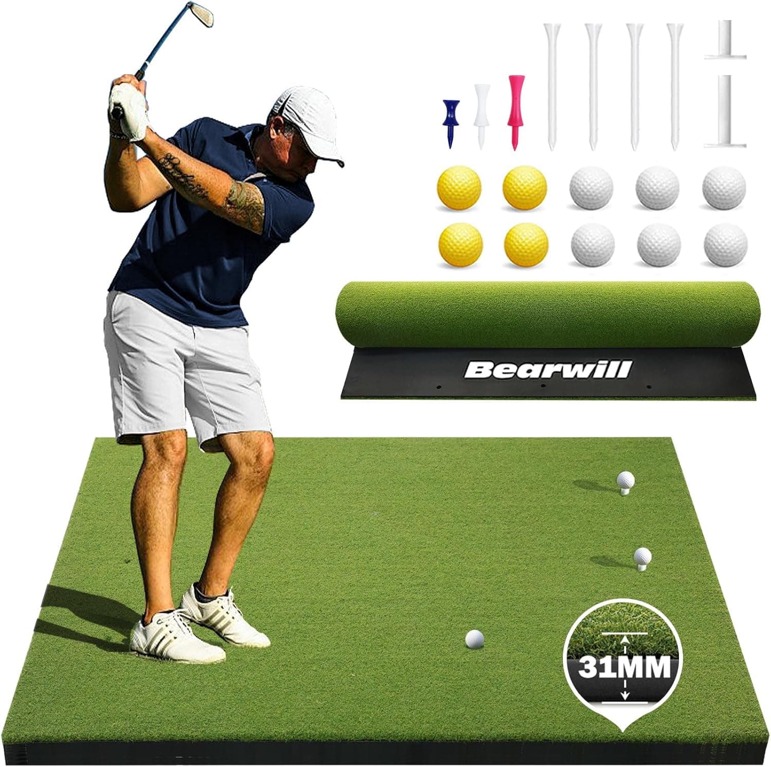 Bearwill Golf Mat 31mm, 5x4ft/5x5ft Elite Golf Hitting Mats for Practice Outdoor Indoor, High-Elasticity Artificial Turf Mat for Garage Simulator Chipping Driving Training