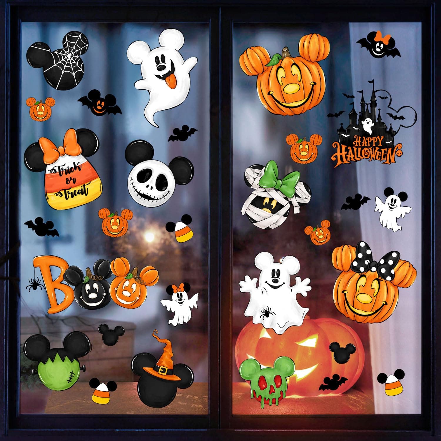 Halloween Mouse Window Clings Decorations, 95 PCS Window Stickers Mouse Shaped, Happy Halloween Double-Sided Large Size Cute Cartoon Ghost Pumpkin Bat Skeleton Reusable Decals for Kids Room Home Party