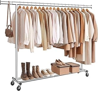 SONGMICS Clothes Rack on Wheels, Heavy Duty Clothes Rail, 45 x (160-200) x 161.5 cm, with Extendable Hanging Rail, 150 kg Load Capacity, Easy Assembly, Portable, Silver HSR175E01