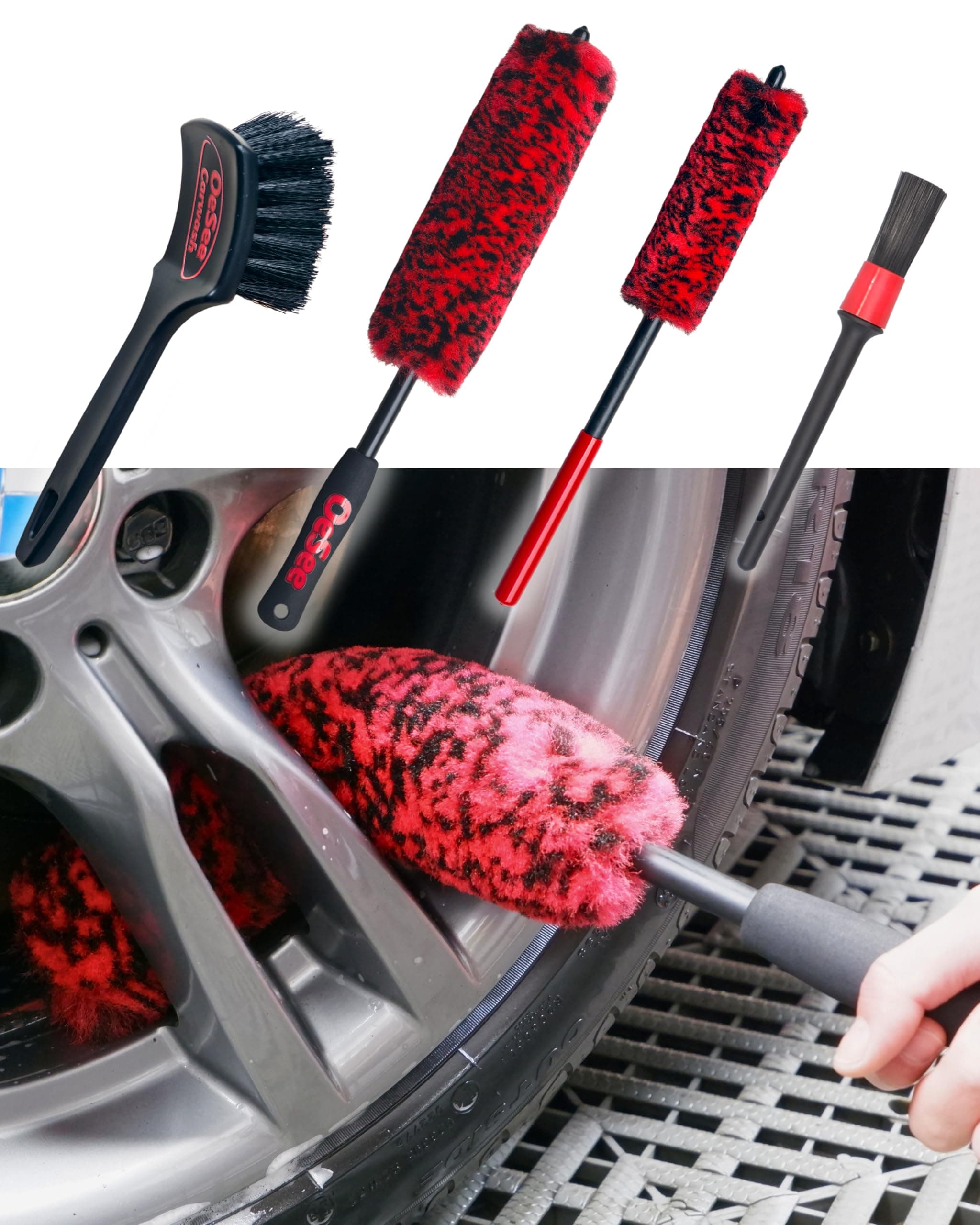 - oesee Professional 4 Pack Long Handle Wheel Brush Kit for Cleaning Wheel and Tire- 2X Soft Wheel Cleaning Brush, Detailing Brush and Stiff Tire Brush, Bendable& Durable Wheel Rim Cleaner Brush Set