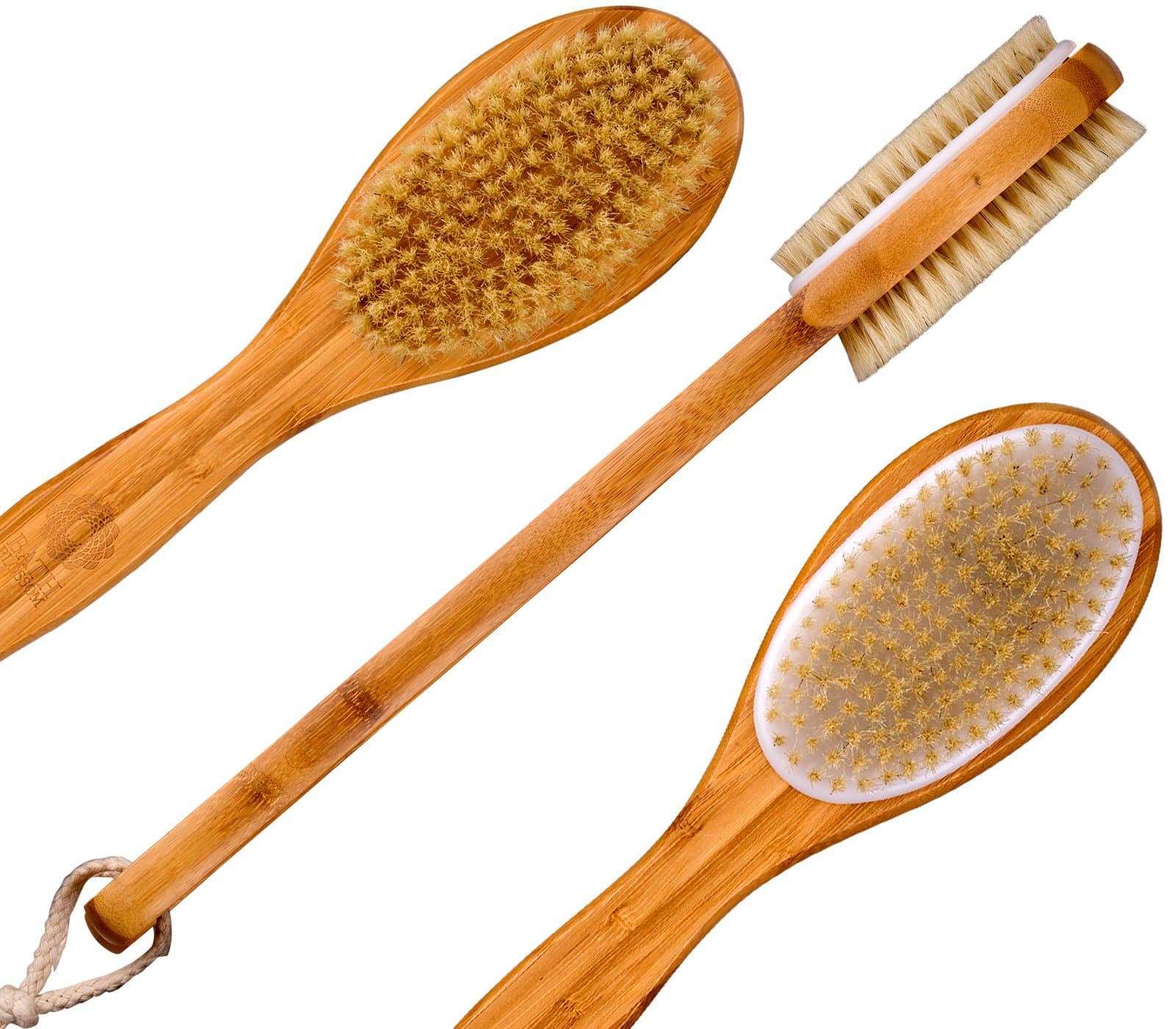 Bath Blossom Bamboo Bath Body Brush Extra Long Handle Exfoliating Back Scrubber - Effective Back Brush Exfoliation and Skin Cellulite Brushes - Used for Wet or Dry Brushing for Men and Women