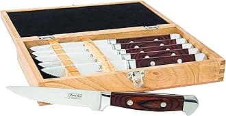 Viking Steak Knife Set, 6 Piece Stainless Steel Kitchen Knives Set with German Pakkawood Handles, Includes Wooden Gift Box, Hand Wash Only, Red