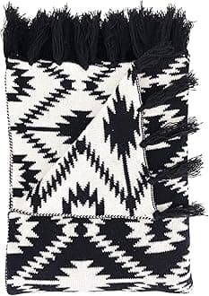 Snugtown 100% Cotton Cable Knit Double Layer Warm Cozy Throw Blanket, Tribal Aztec Pattern Home Decorative Blanket Throw with Tassels for Couch Chairs Bed, Black and White, 50 x 60 Inches