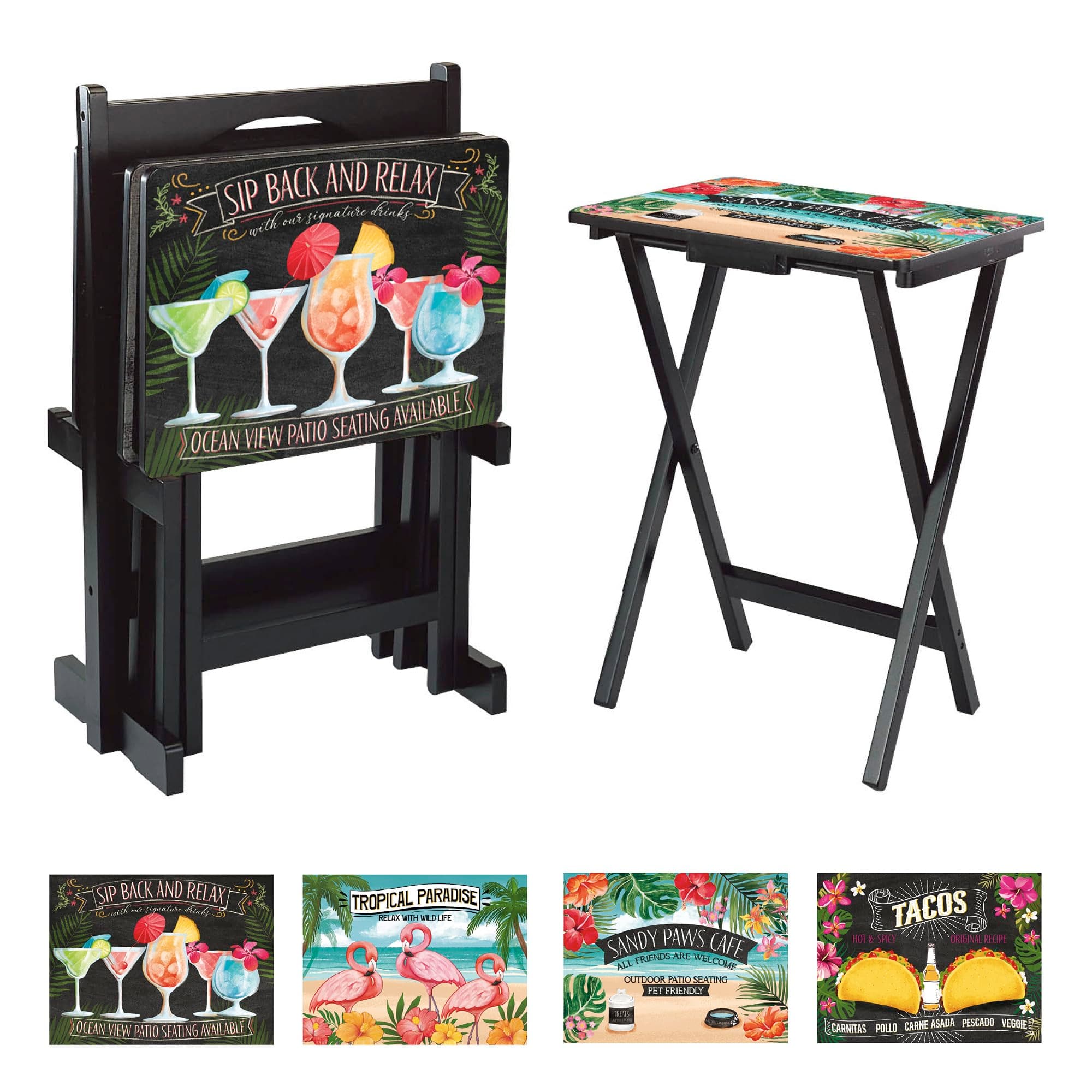 Cape Craftsmen Classic TV Trays Table | Set of 4 | Rectangular Folding Couch Trays | Easy Storage Decorative Portabe Serving Tables for Home Activities (Beach Vacation)