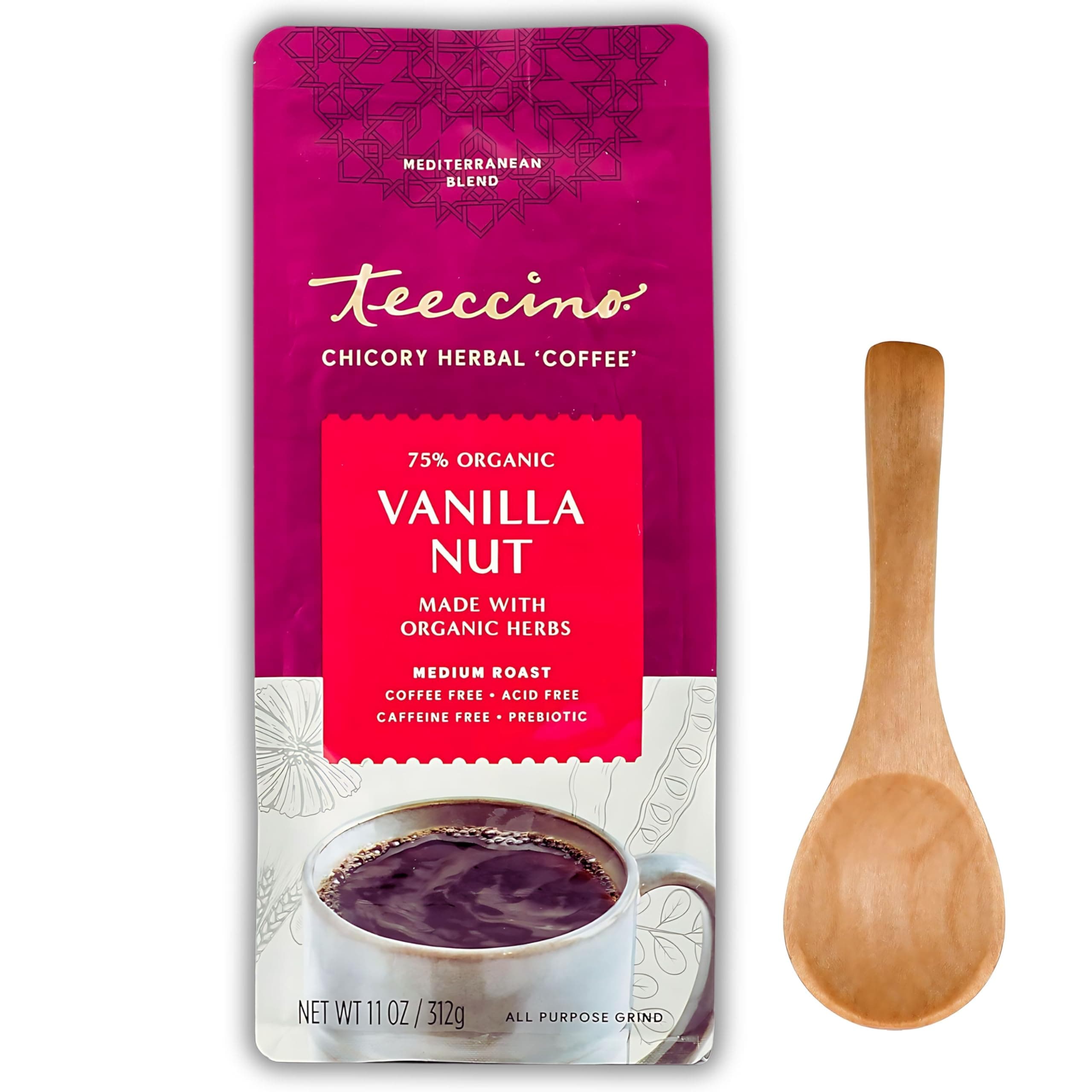 Teeccino Vanilla Nut Chicory Herbal Coffee Alternative Bundle | Caffeine-Free, Prebiotic, Herbal Coffee Substitute, Chicory Root Coffee I Includes Prosperina Coffee Spoon & Prosperina Card-312 G
