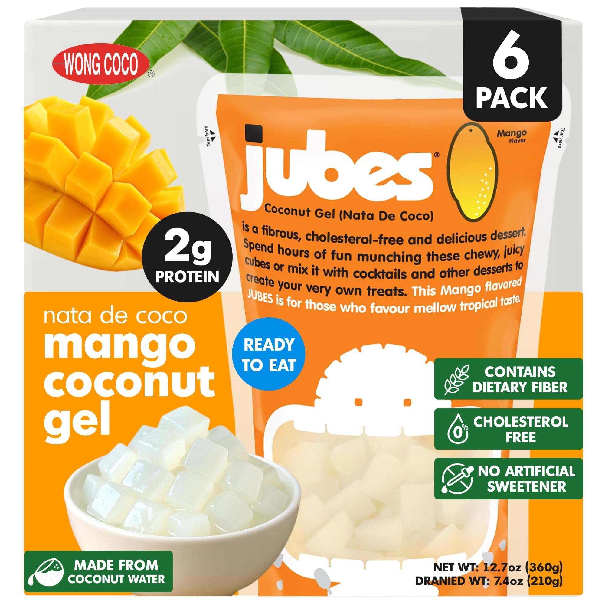 Jubes Mango Nata De Coco Jelly Cubes (12.7 oz, Pack of 6) - Mango Coconut Jelly Cubes for Sago - Coconut Gel in Syrup Toppings for Fruit Tea, Boba, Bubble Tea, Drinks, Desserts Yogurt, Ice Cream, Beverage