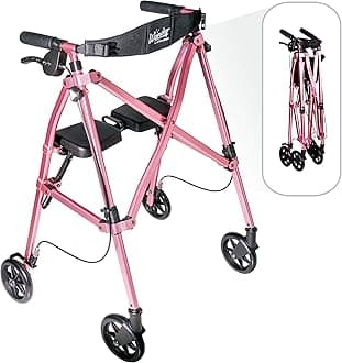 Stander Space Saver Rollator, Lightweight Folding Rolling Walker with Seat for Seniors & Adults, 4-Wheel Mobility Aid with 6-inch Wheels, Locking Brakes & Padded Seat with Backrest, Regal Rose