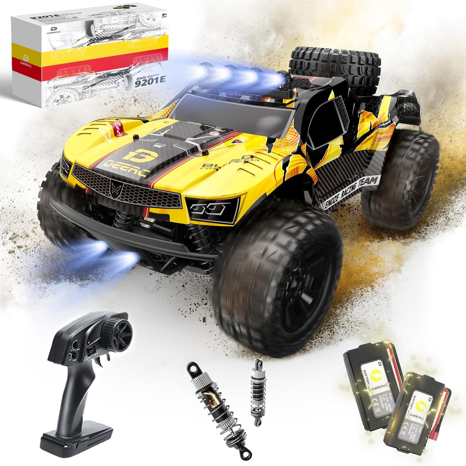 DEERC 9201E 1:10 Large Remote Control Truck with Lights, Fast Short Course RC Car, 30 MPH 4x4 Off Road, Off Road Toy, Electric Vehicle with 2 Rechargeable Batteries for Adults and