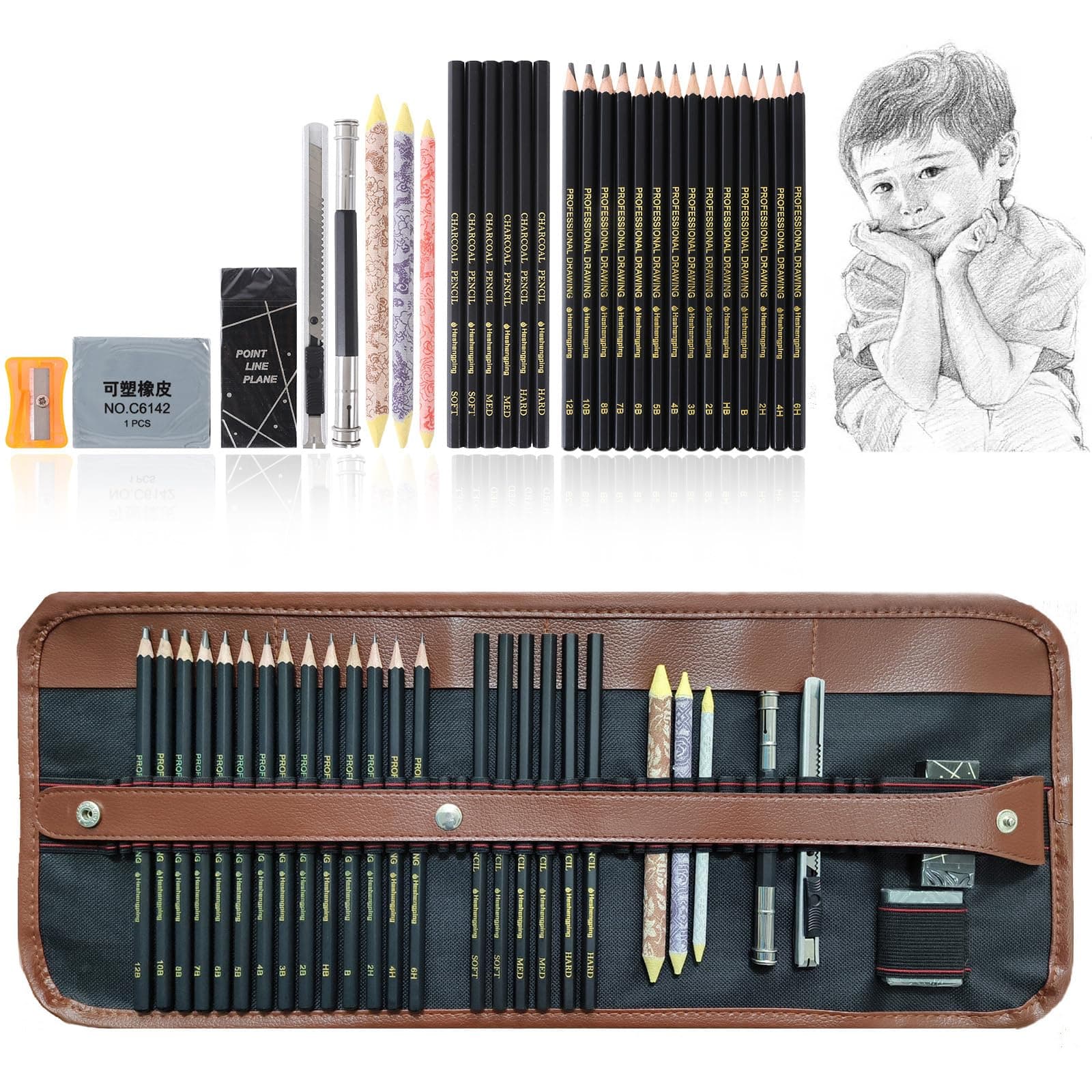 Drawing Sketching Pencil Set 29 Pack Graphite Pencil kit for Artists Adults Beginners has 12B 10B 8B 7B 6B 5B 4B 3B 2B B HB 2H 4H 6H Pencils,Charcoal Pencils Canvas Rolling Pouch and Accessories