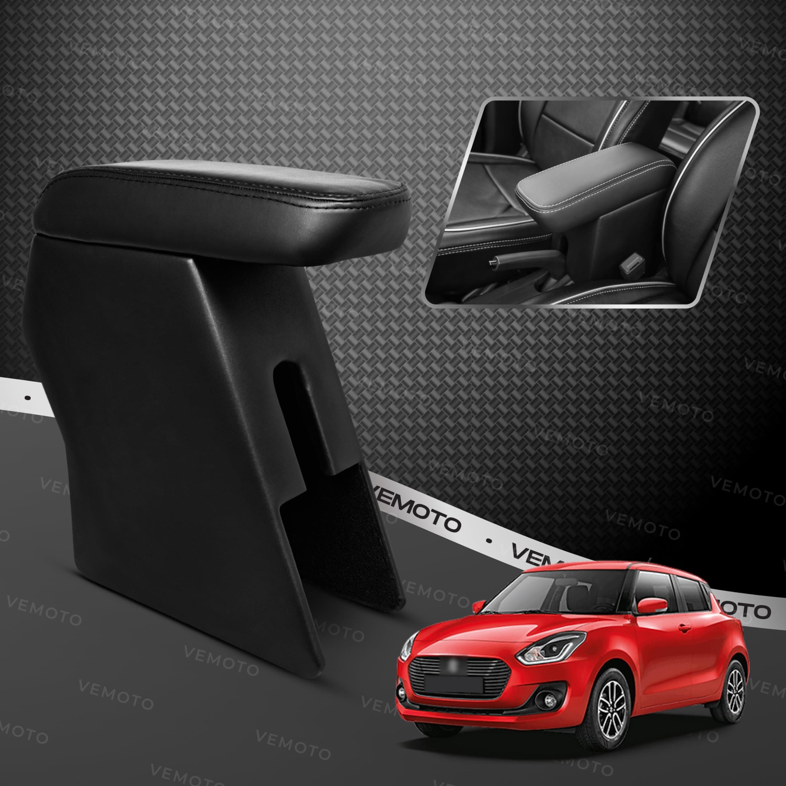 VEMOTO™ 2.0 High-End Car Center Armrest with Storage Compartment and Ultimate Comfort for Maruti Suzuki SWIFT (Black, 2018-2023 All Models & 2024 Base Model Only)