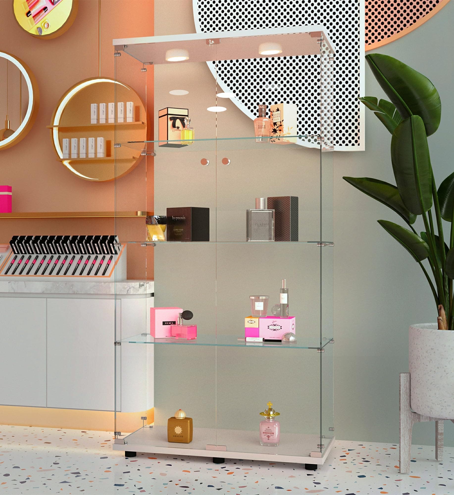 Modern Glass Display Cabinet 4-Shelf with LED Light and Lock, 2 Door Curio Cabinets, Tempered Glass Collection Display Showcase for Living Room Home Office,30.9x13.5x64.6 H,White