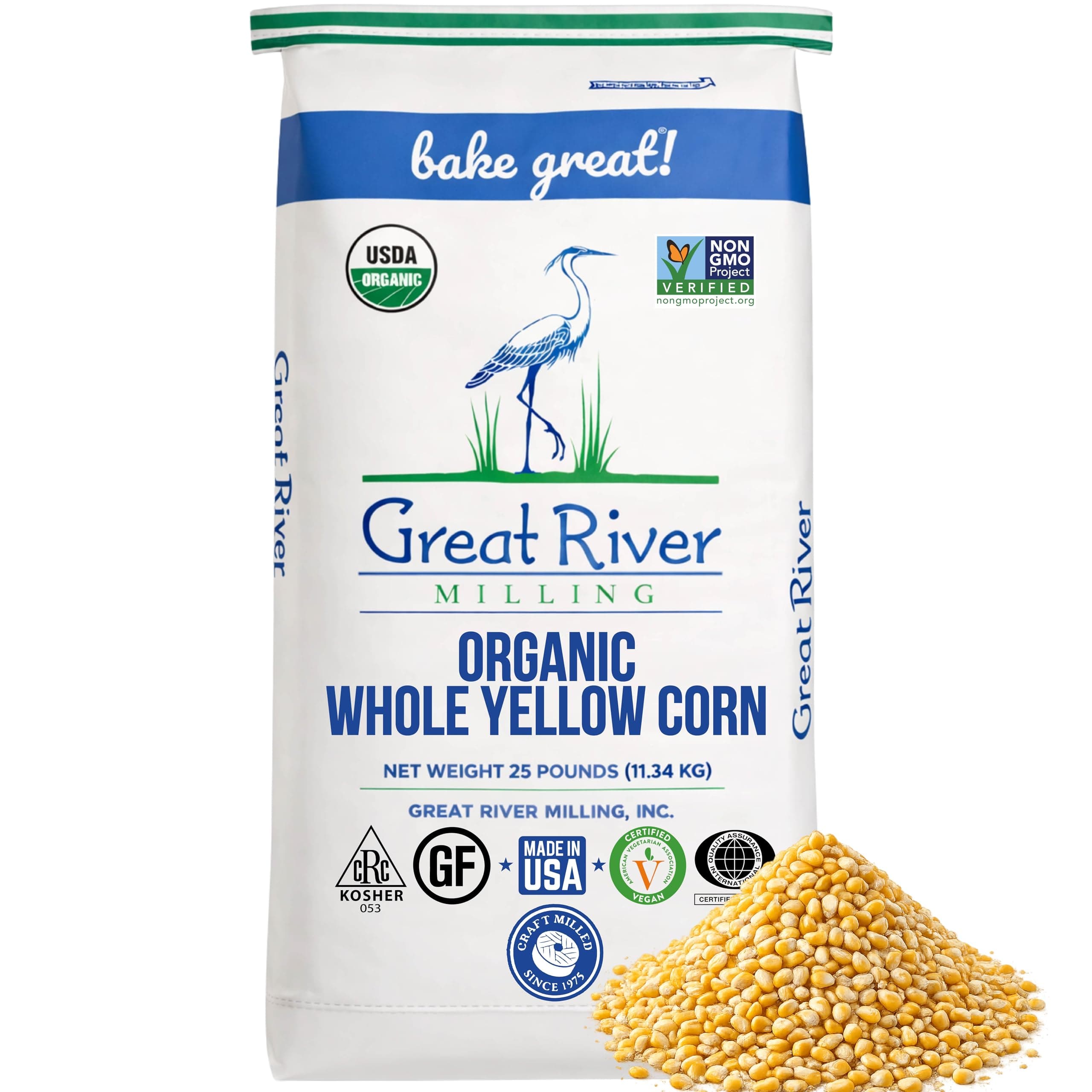 Great River Milling Organic Whole Corn | Whole Grain Yellow Corn for Milling, Cooking & Baking | USDA Organic, Non-GMO, Kosher | Ideal for Cornmeal, Grits & Hominy | 25 Lb