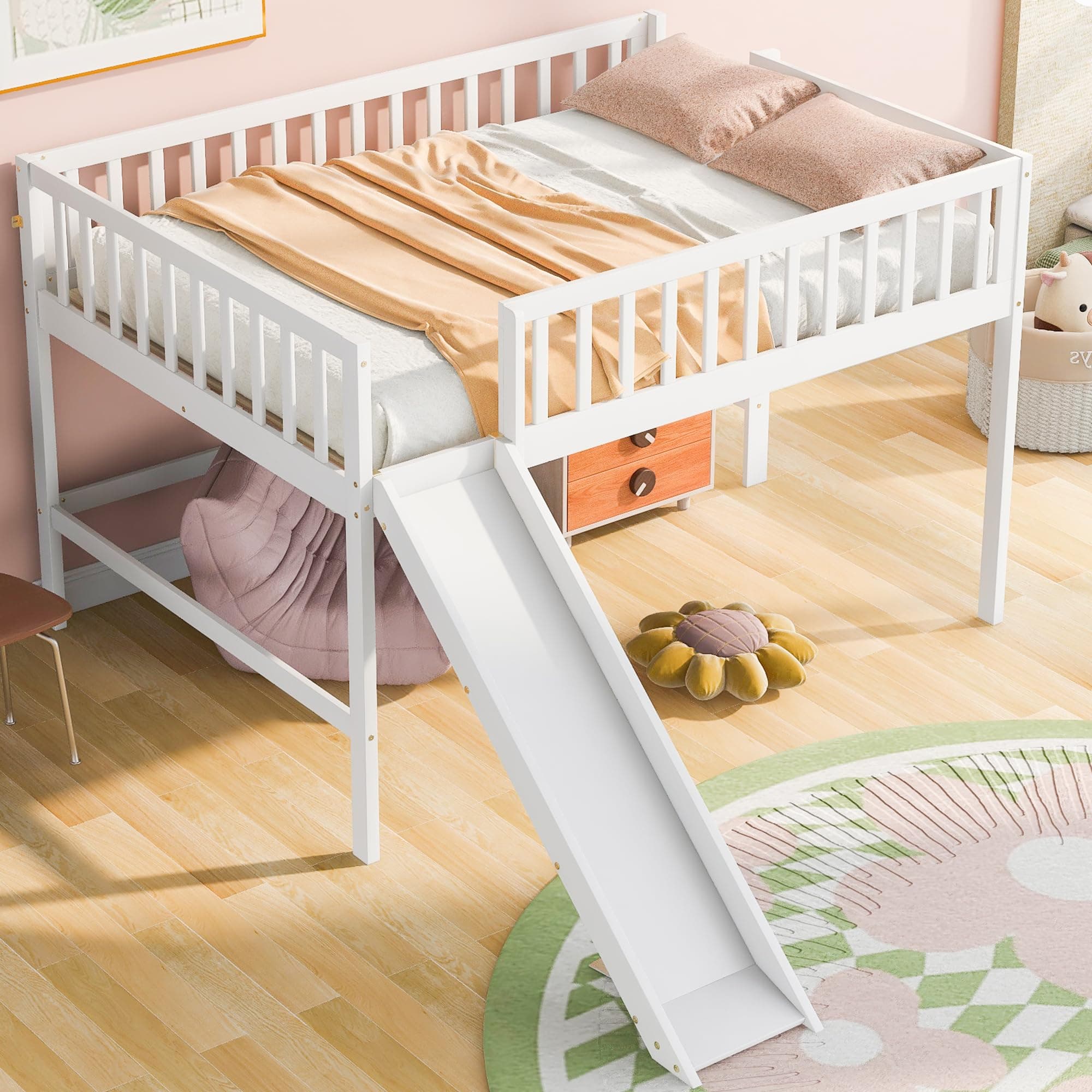 Full Size Loft Bed with Slide, Wood Low Loft Bed Frame with Ladder & Safety Guardrail, for Kids Boys Girls, White