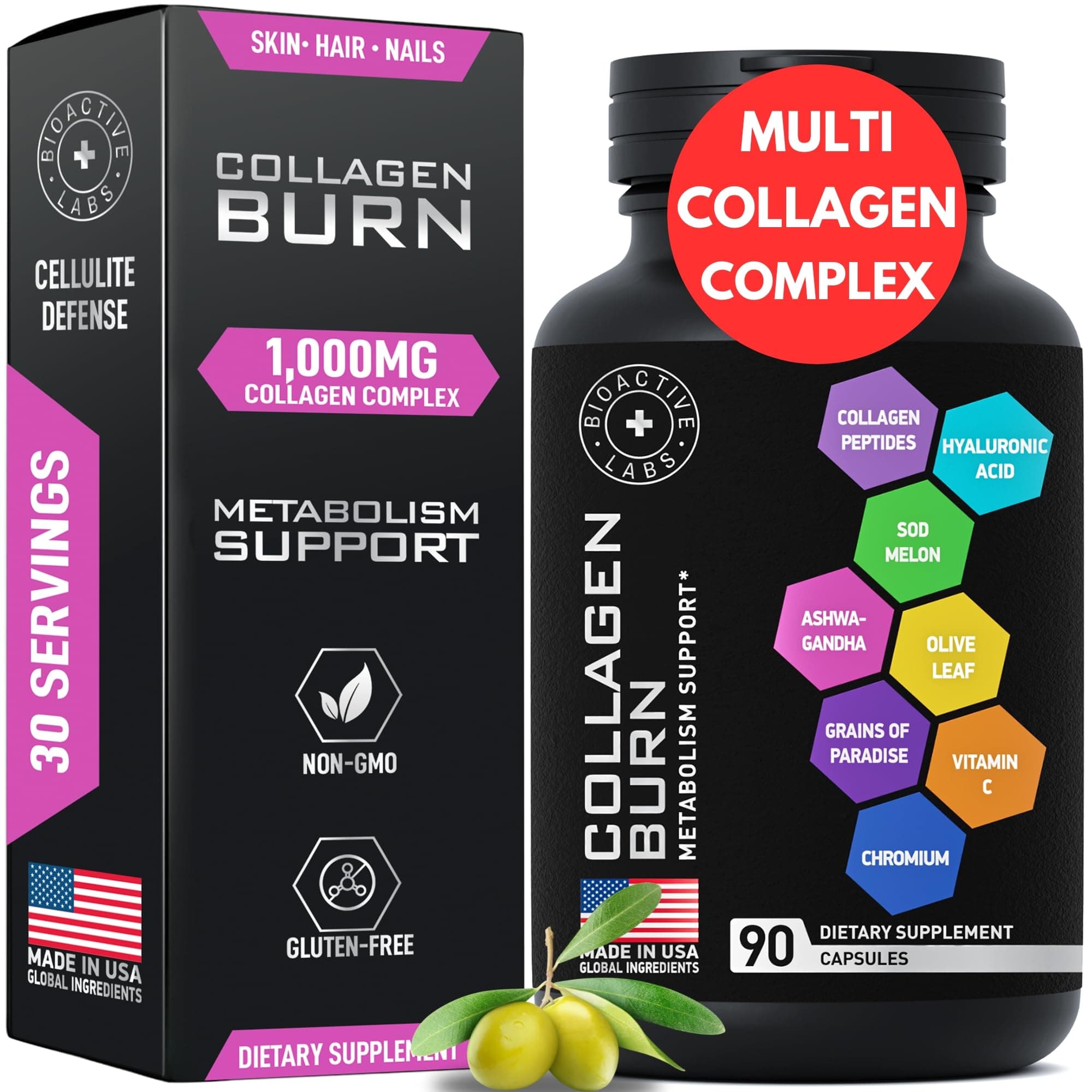 Thermogenic Multi Collagen Burn Capsules - Advanced Type I, II, III, V, X Hydrolyzed Collagen Peptides Plus Hyaluronic Acid - Metabolism, Cellulite, Skin, Hair, Nails Support - 90 Collagenic Burn Caps