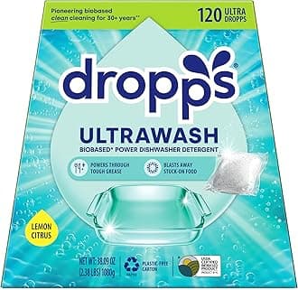 Dropps UltraWash Dishwasher Detergent Pods, Lemon Citrus (120 Ct) - Cuts Grease & Stuck-On Food | Sparkling Dishes & Glasses | Residue-Free | Clean Ingredients | No Pre-Rinse | Plastic Free Packaging