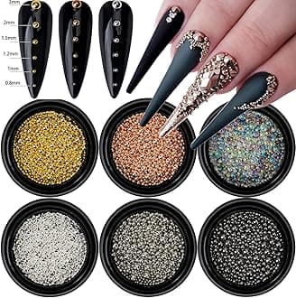 HNUIX Nail Beads - Mixed Size, 6 Colors, Round, Metal Steel Beads Nail Charms, Caviar Beads Nail Accessories for Acrylic Nails, Manicure DIY Crafts Decorations