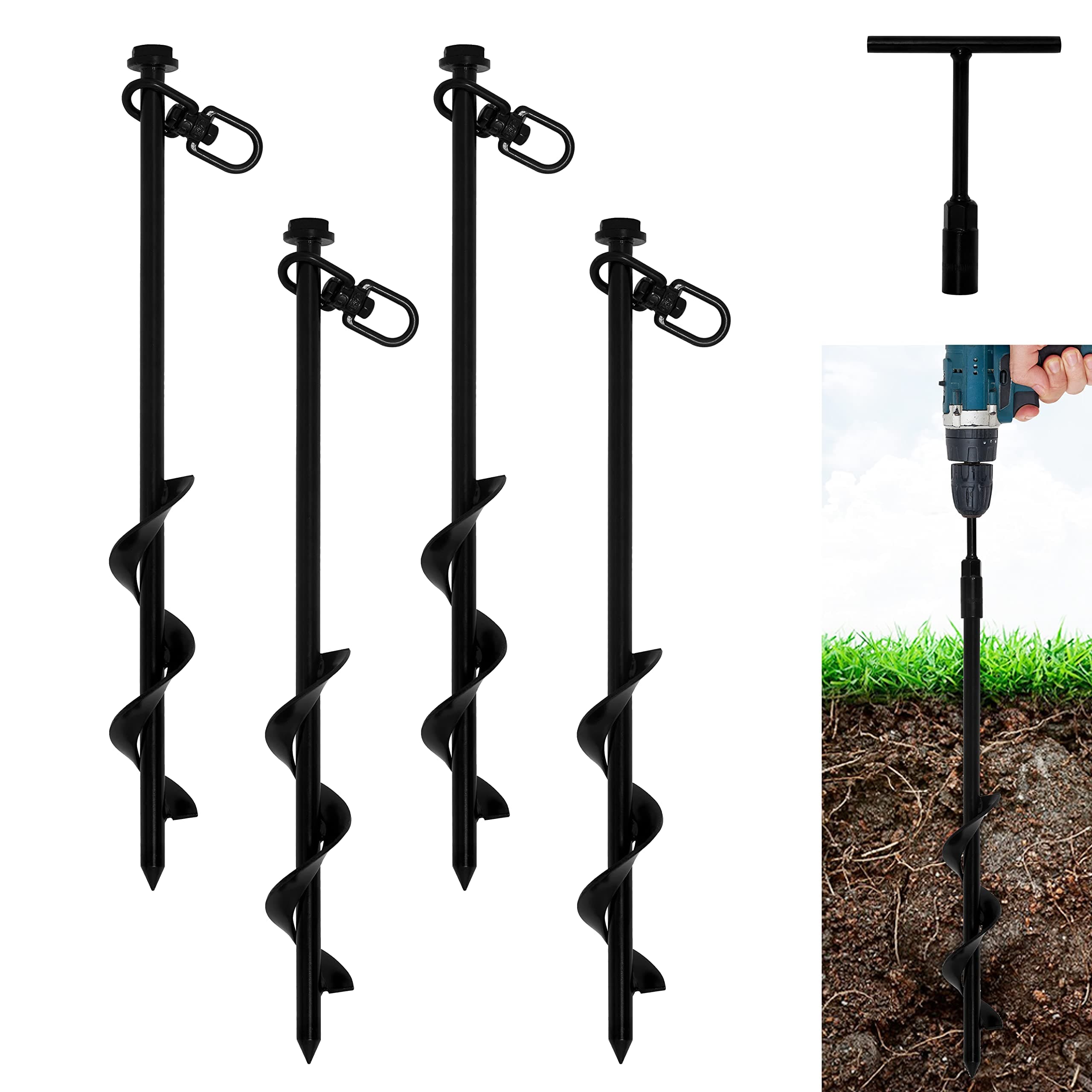 VASGOR 16” Ground Anchors (4pcs) Easy to Use with Drill, Heavy Duty Anchor Hook for Camping Tent, Canopies, Car Ports, Sheds, Swing Sets, Securing Animals – Black Powder Coated