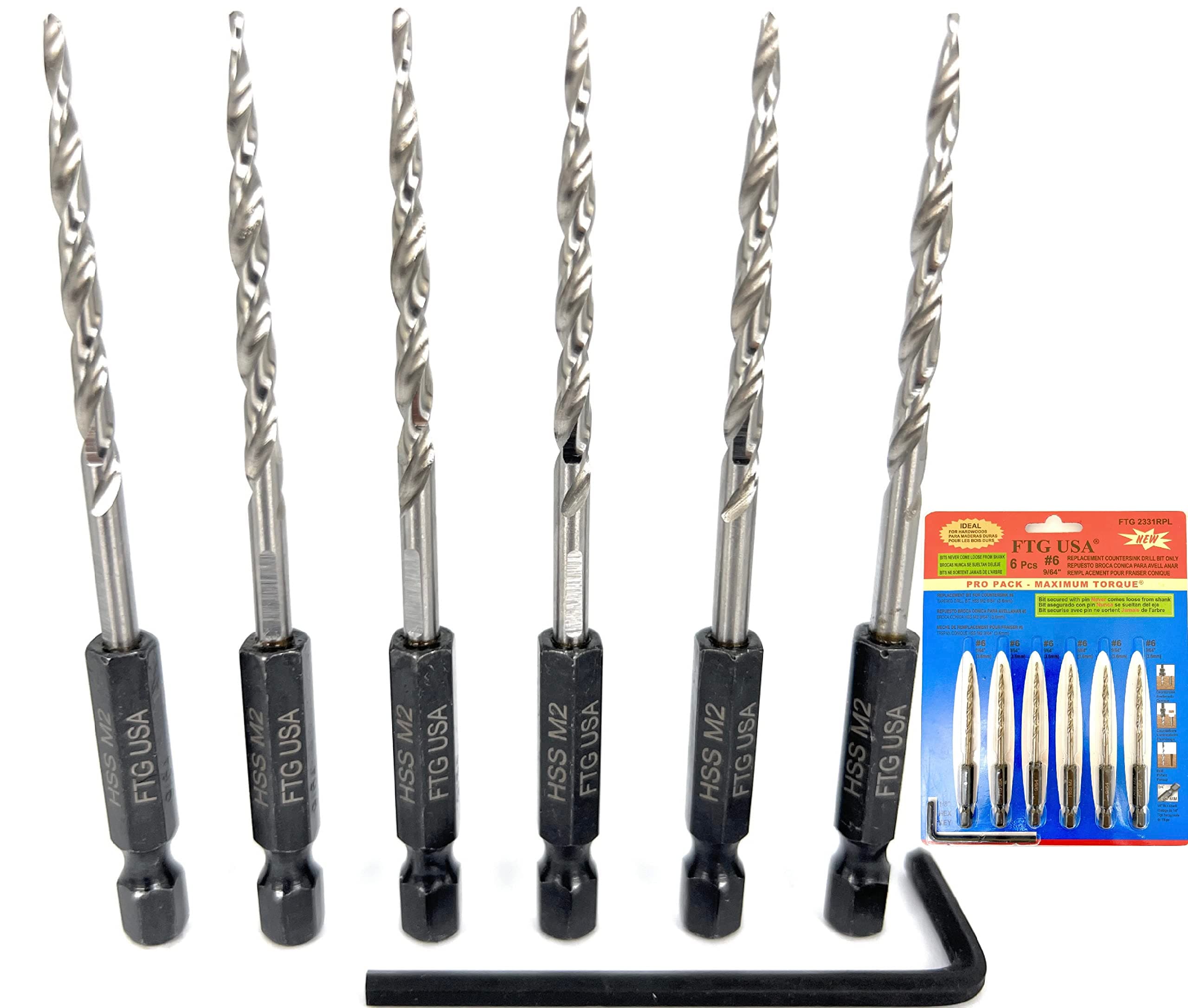 Replacement Tapered Countersink Drill Bit Set 6 Pc (#6) 9/64" Countersink Bit Same Size Bit Replacement Only, Countersink Replacement Drill Bit FTG Maximum Torque Wood Bits Secured with Pin