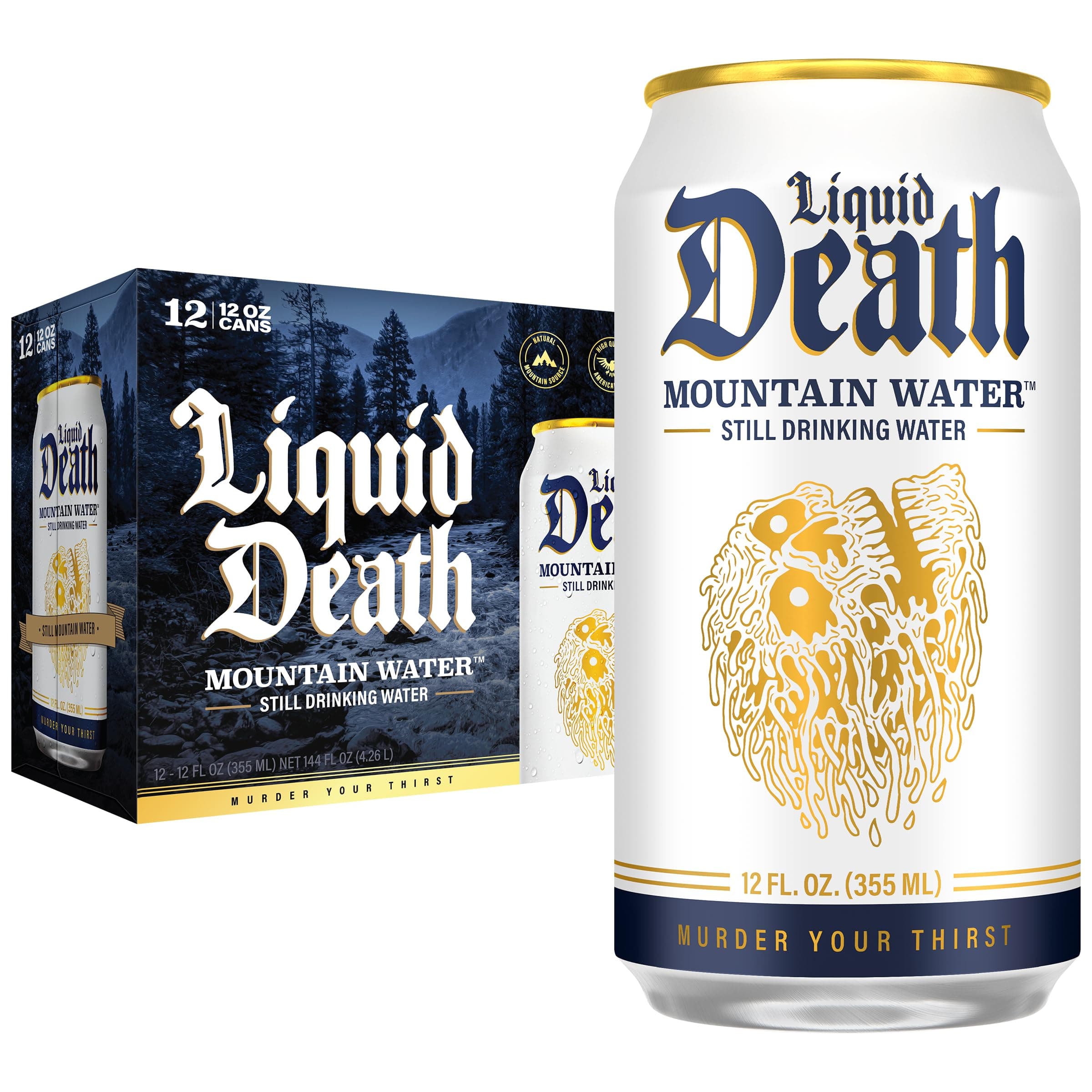 Liquid Death Still Mountain Water, Real Mountain Source, Ice-Cold Cans, Infinitely Recyclable, 12 Fl Oz (Pack of 12)