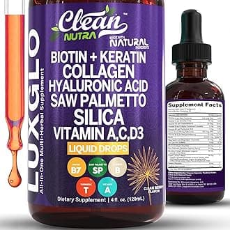 Biotin Liquid Drops Collagen Keratin Hyaluronic Acid Saw Palmetto for Hair Skin and Nails Silica Vitamin A C Vitamin D Bamboo Turmeric Zinc Folate Magnesium Horsetail LuxGlo by Clean Nutra - 3Pack