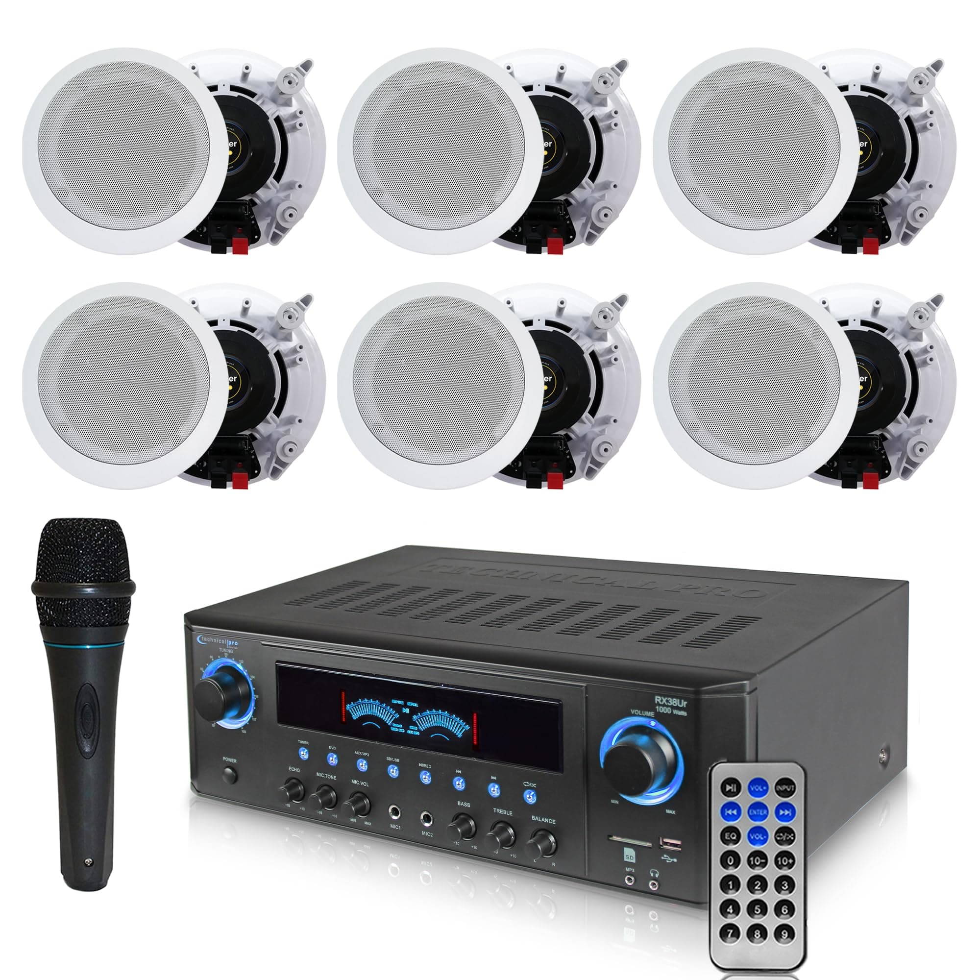 1000 Watts Professional Home Theater Receiver System Kit w Portable Microphone with Digital Processing and Remote 6 Qty of 5.25” Ceiling Wall Mount Framed Speakers