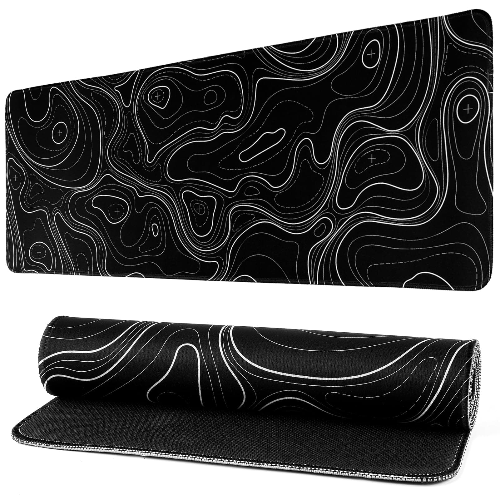 Gaming Mouse Pad Topographic Contour Large Desk Mat Long Computer Keyboard Mouse Mat Mousepad with Slip Base Desk Pad Edge for Home Office Work (Black)