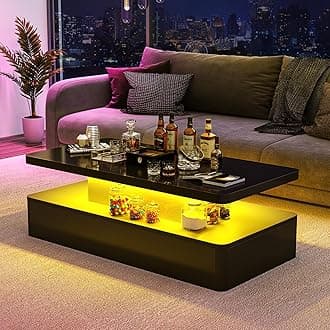 oneinmil Modern LED Coffee Table, 47" Living Room Tables with Double-Layer Design, 16 Colors LED Lights, Stylish Coffee Tables for Living Room, Home, Office, Black